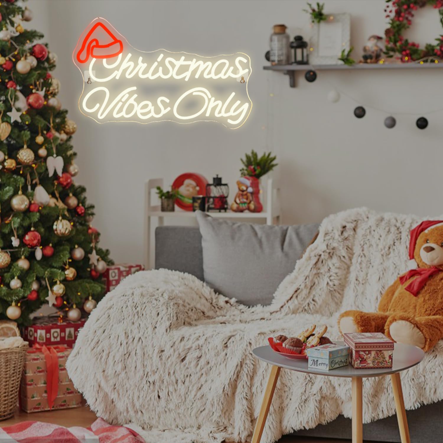 Looklight Christmas Window Lights Christmas Vibes Only Neon Signs For Wall Decor Cute Red Santa Claus Hat Warm White Led Lights For Bedroom Home Living Room Door Bar Party Decoration Gifts