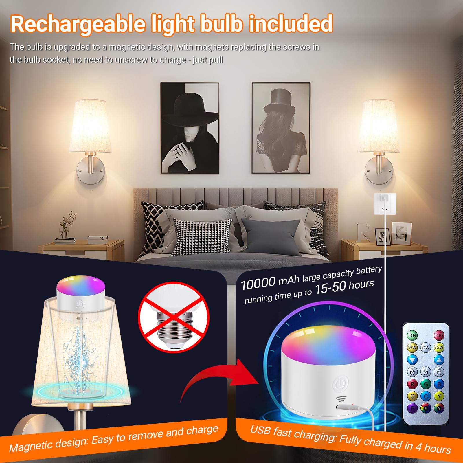 YHCDLAMP Wall Sconce Battery Operated Light with Remote Control, Dimmable, Nickel, One Size, Model YHCDLAMP, Set of Two