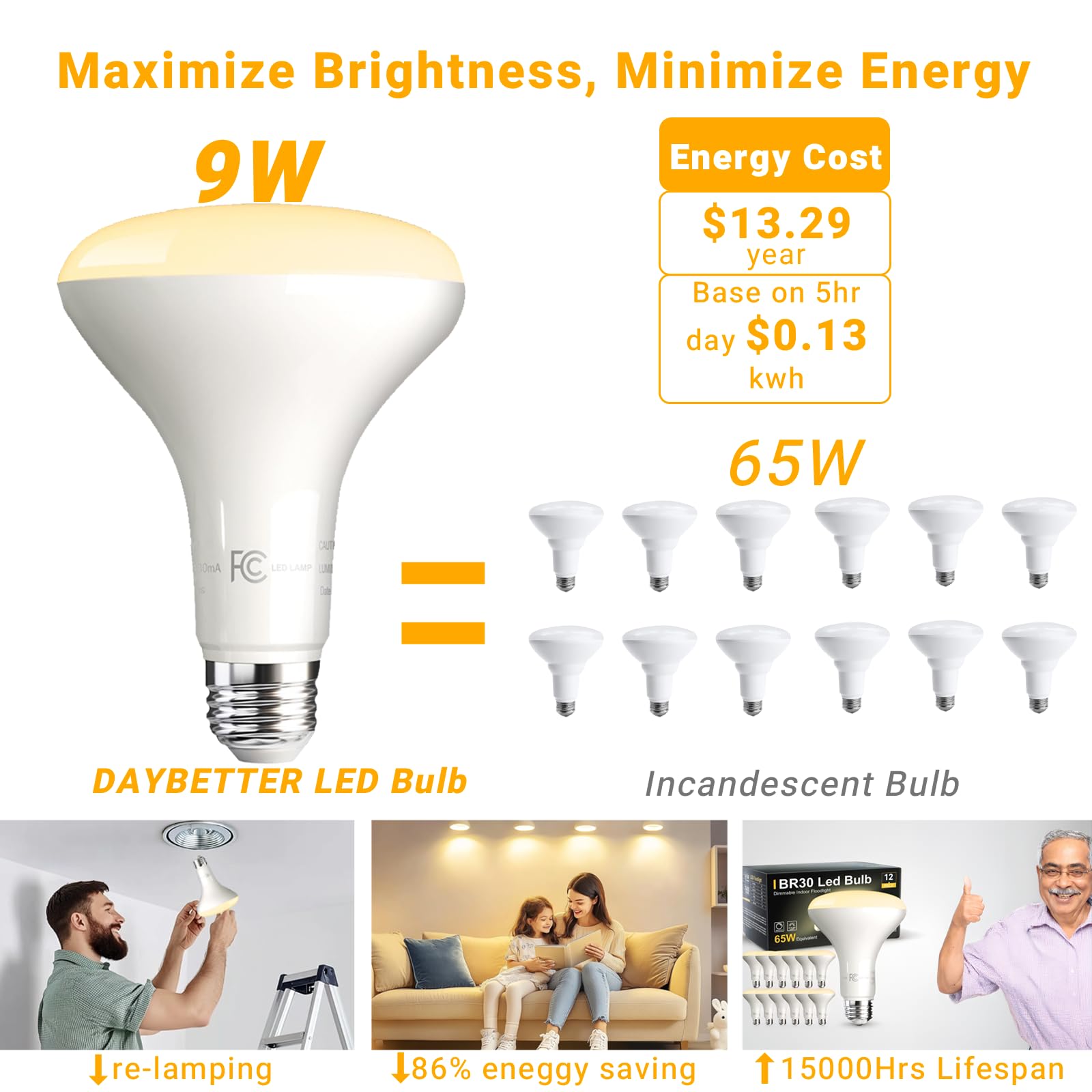 Daybetter 12 Pack Br30 Led Light Bulbs, Dimmable Indoor Flood Lights, Warm White 2700K, E26 Base, 9W, 65W Equivalent, 800 Lm, Re