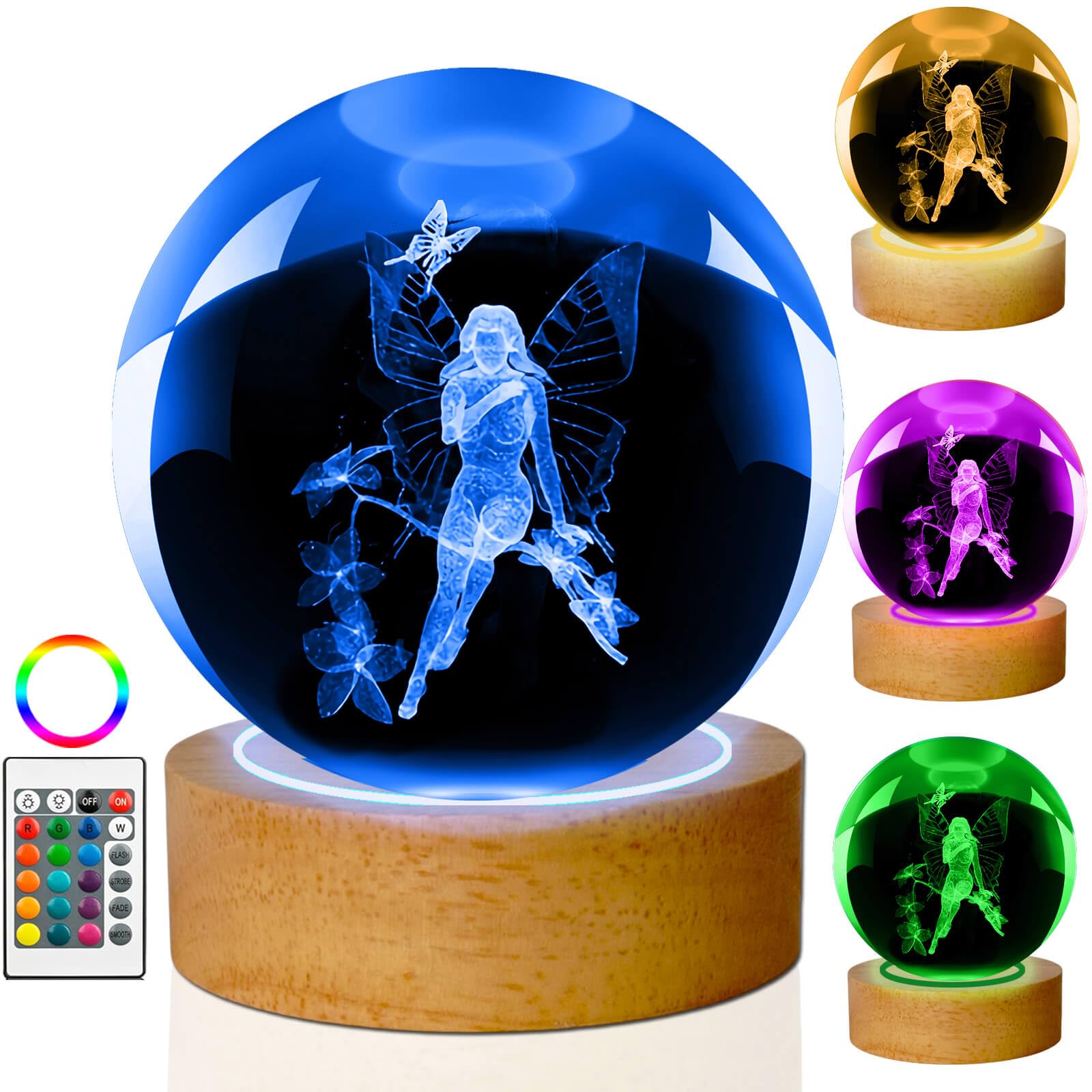 LINSINA 3D Fairy Crystal Ball Lamp,60mm 16 Colors Crystal Ball Night Light with Wooden Base and Remote Control, Fairy Gifts and 