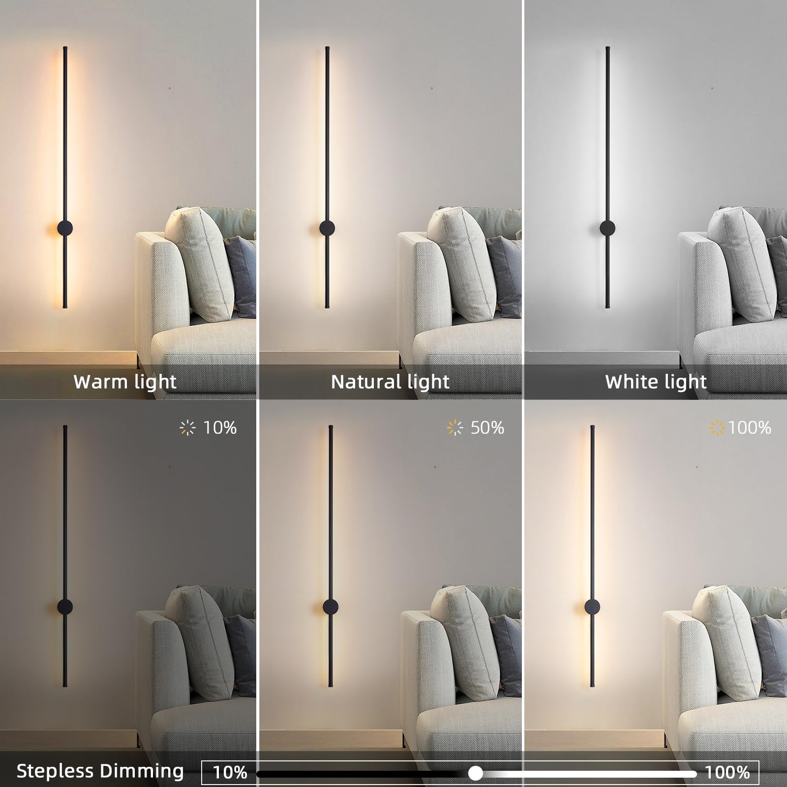 KELUOLY Dimmable Wall Sconce Set of 2, 39.37" LED, Adjustable Brightness, Black, Model RYDCT-HS100, Ideal for Living Room