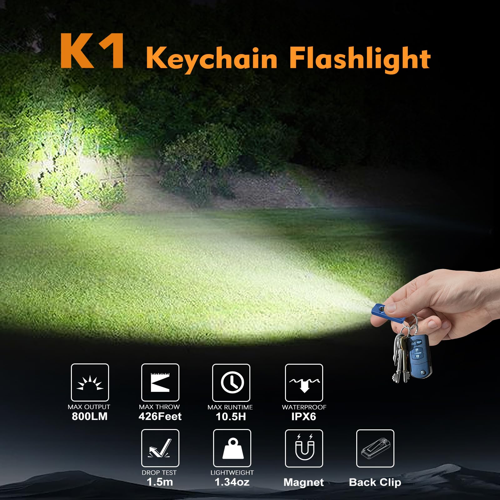 VTIGER K1 Mini Keychain Flashlight, 800 Lumens, USB Rechargeable, Zinc Alloy, Blue, Compact EDC Light with Clip and Magnet