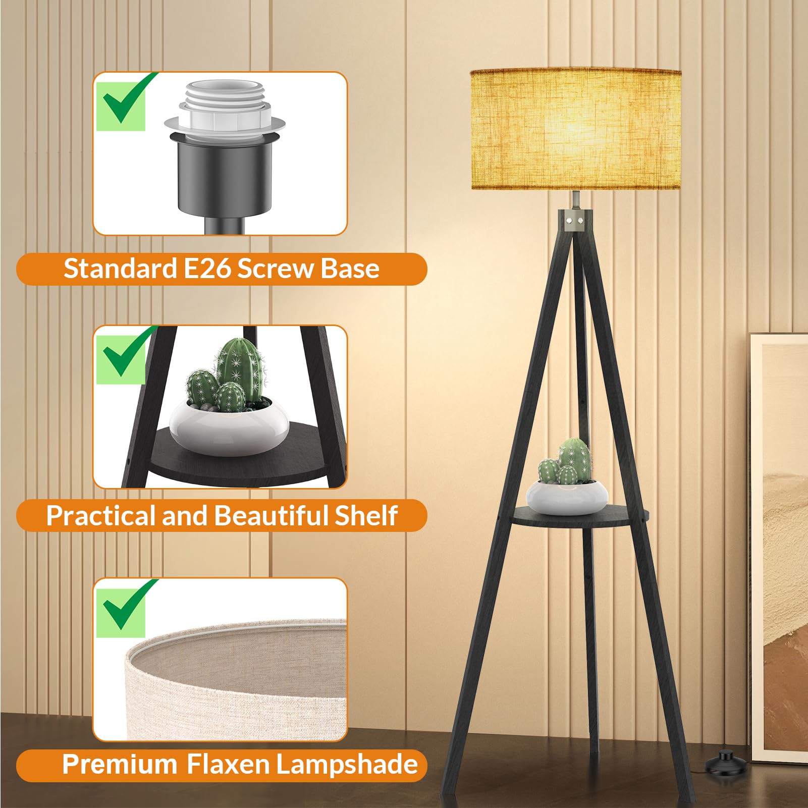 LEPOWER Tripod Floor Lamp, Mid Century Wood Design, E26 Lamp Base, Black Holder, Model UF1101