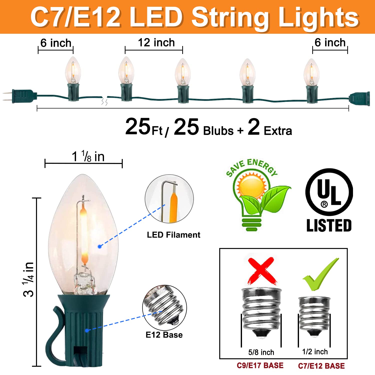 C7 Led String Lights-25Ft Ceramic Vintage Clear Lights With 27 Clear Led Bulbs (2 Spare), Outdoor String Lights For Christmas Pa