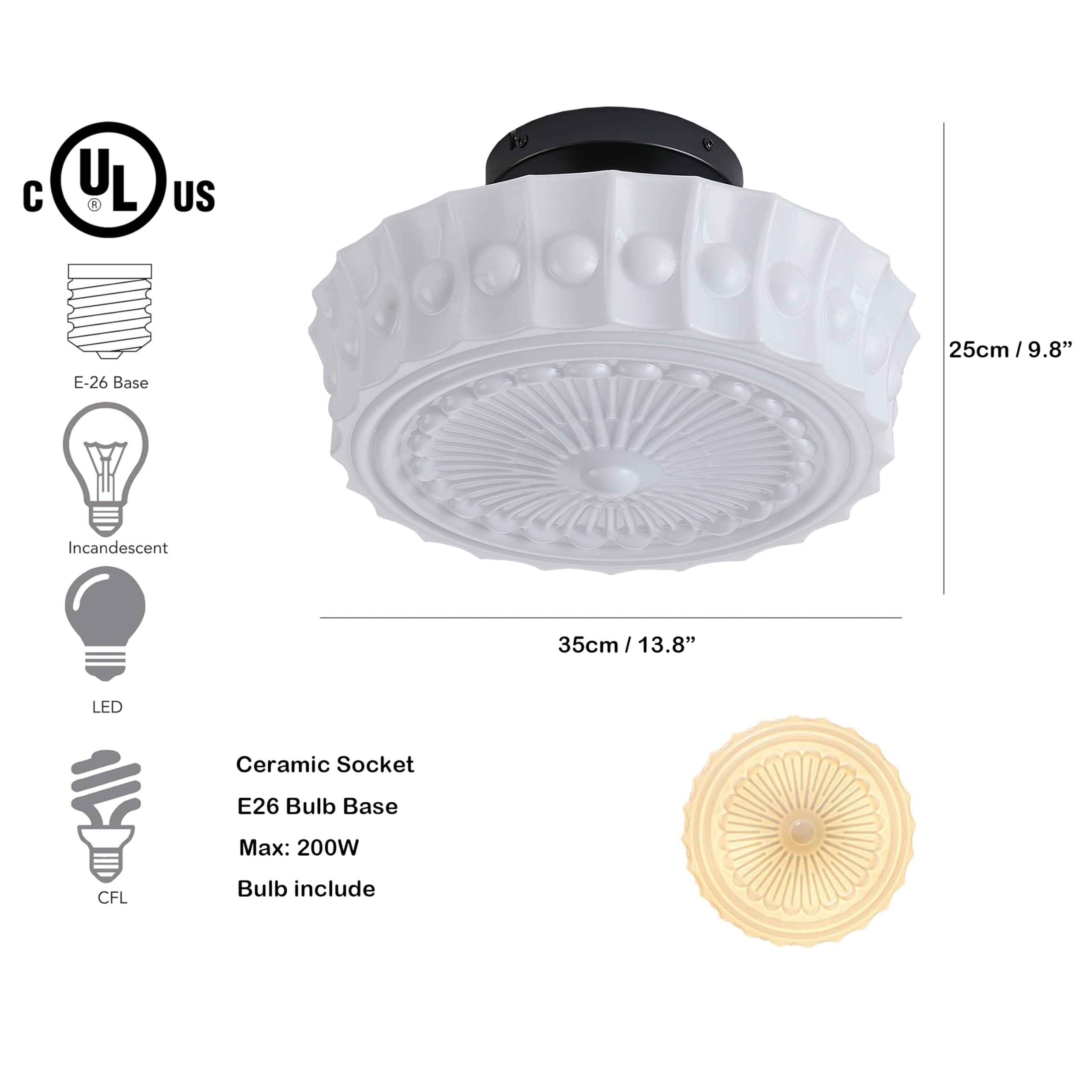 Fctwaks Schoolhouse Ceiling Light Fixture, 13.8'' Milk Glass Semi Flush Mount Mid Century Vintage Ceiling Light For Bedroom Hall