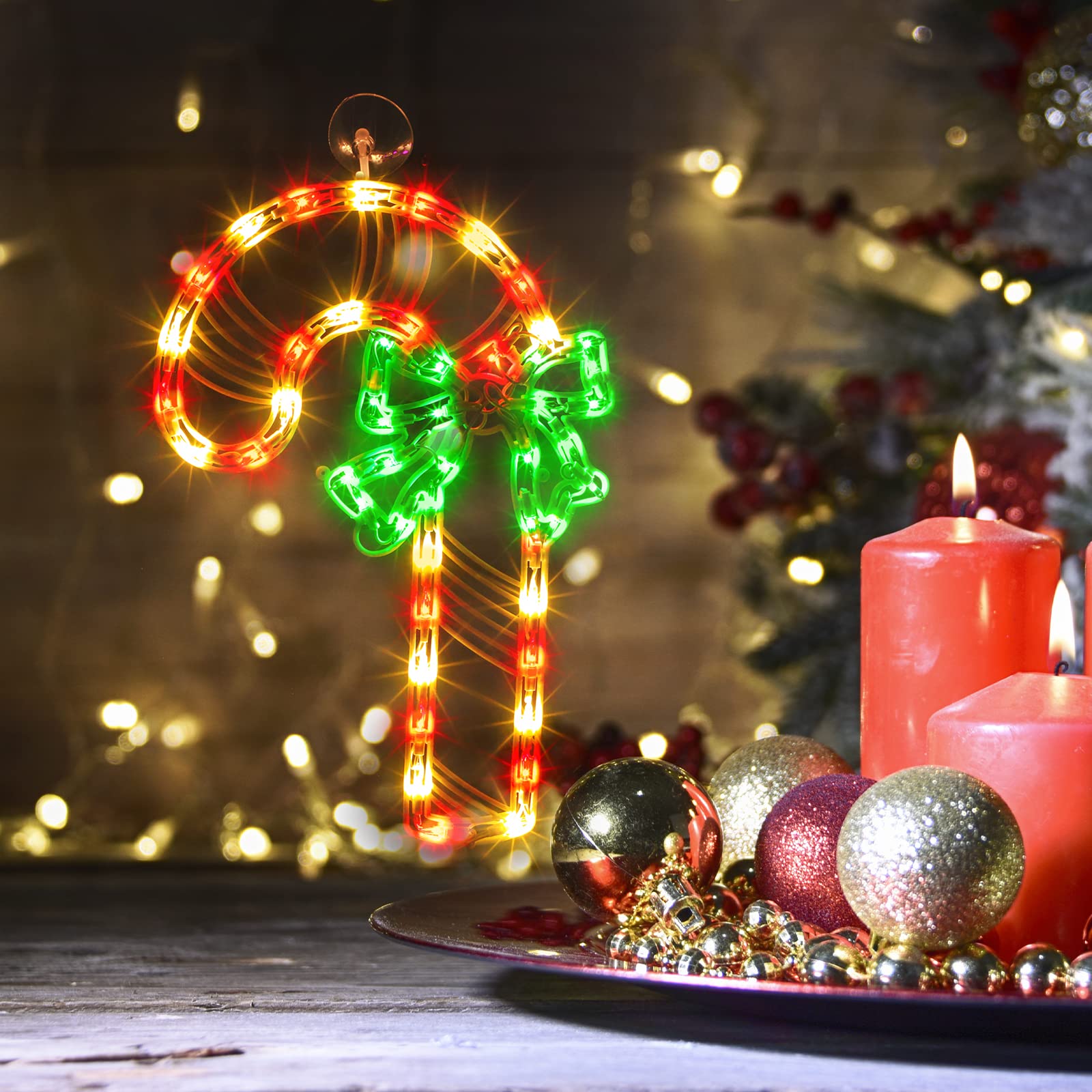 JUSTPRO Christmas Window Silhouette Lights, Lighted Candy Cane Double Sided Decorations with 50 Count Incandescent Mini Light, for Holiday Indoor Wall Door Glass Decor