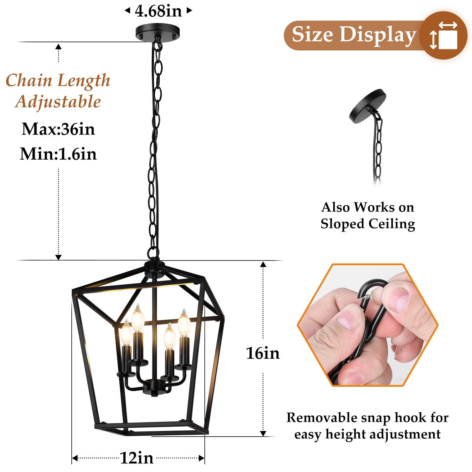 BrightHome Farmhouse Chandelier 4-Light Pendant, Black Metal Cage, Adjustable Height for Kitchen Island & Dining Room, Model D3561.4BK