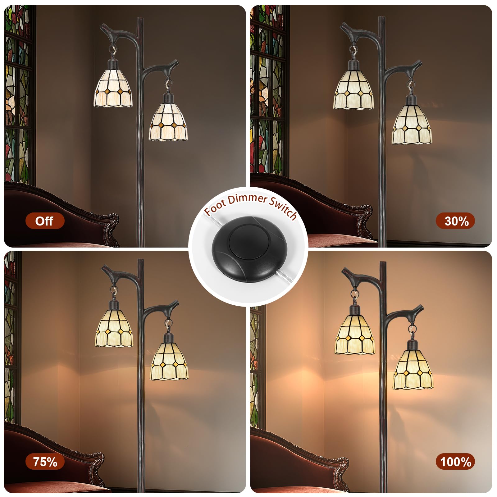 Scenekoy 68" Tiffany Style Floor Lamp - Stepless Dimmable, Vintage Tree Trunk Design, Bulb Included, Ideal for Living Room & Bedroom