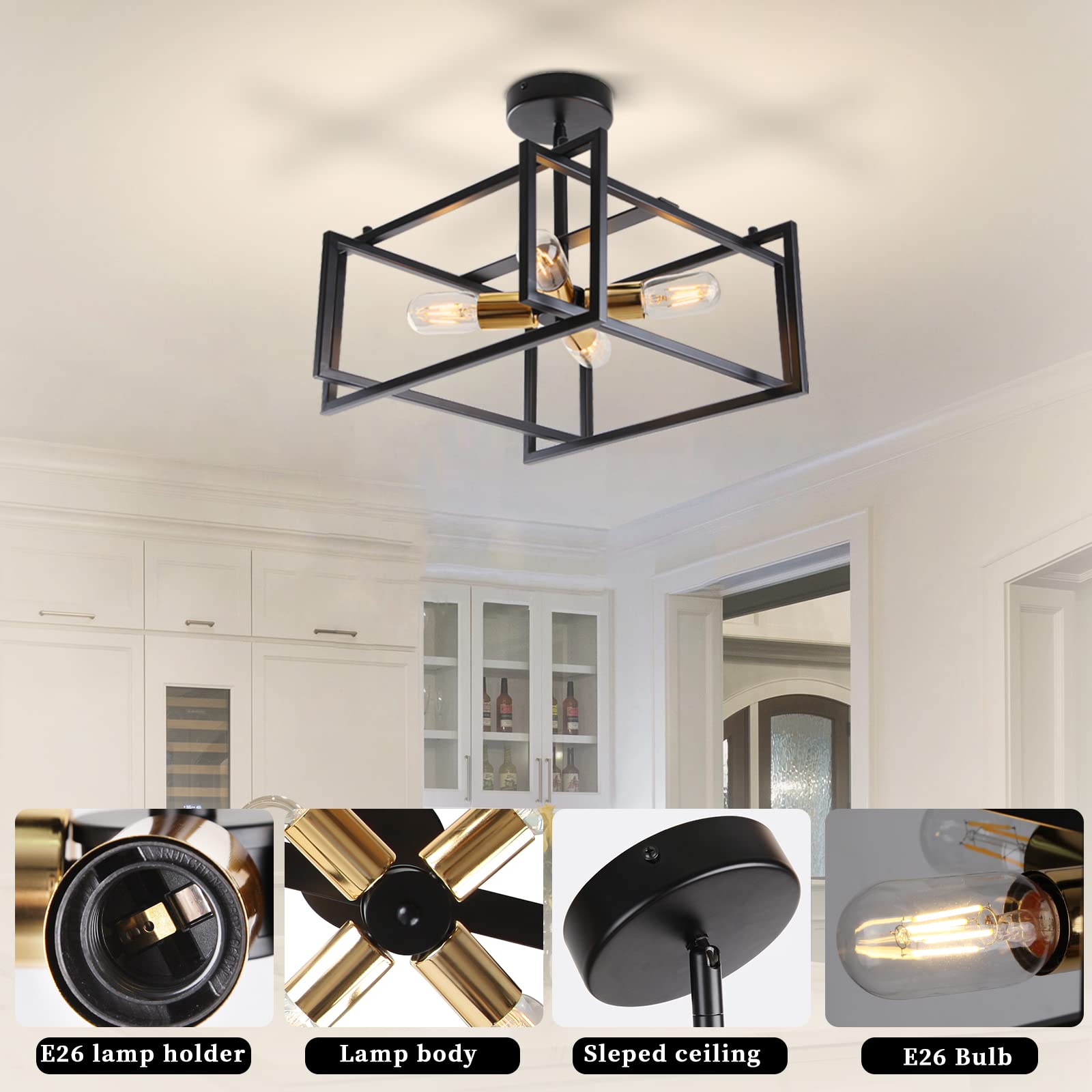 Huismier Industrial Semi Flush Mount Ceiling Light, 4-Light Farmhouse Ceiling Lights Fixture, Black And Gold Metal Close To Ceil