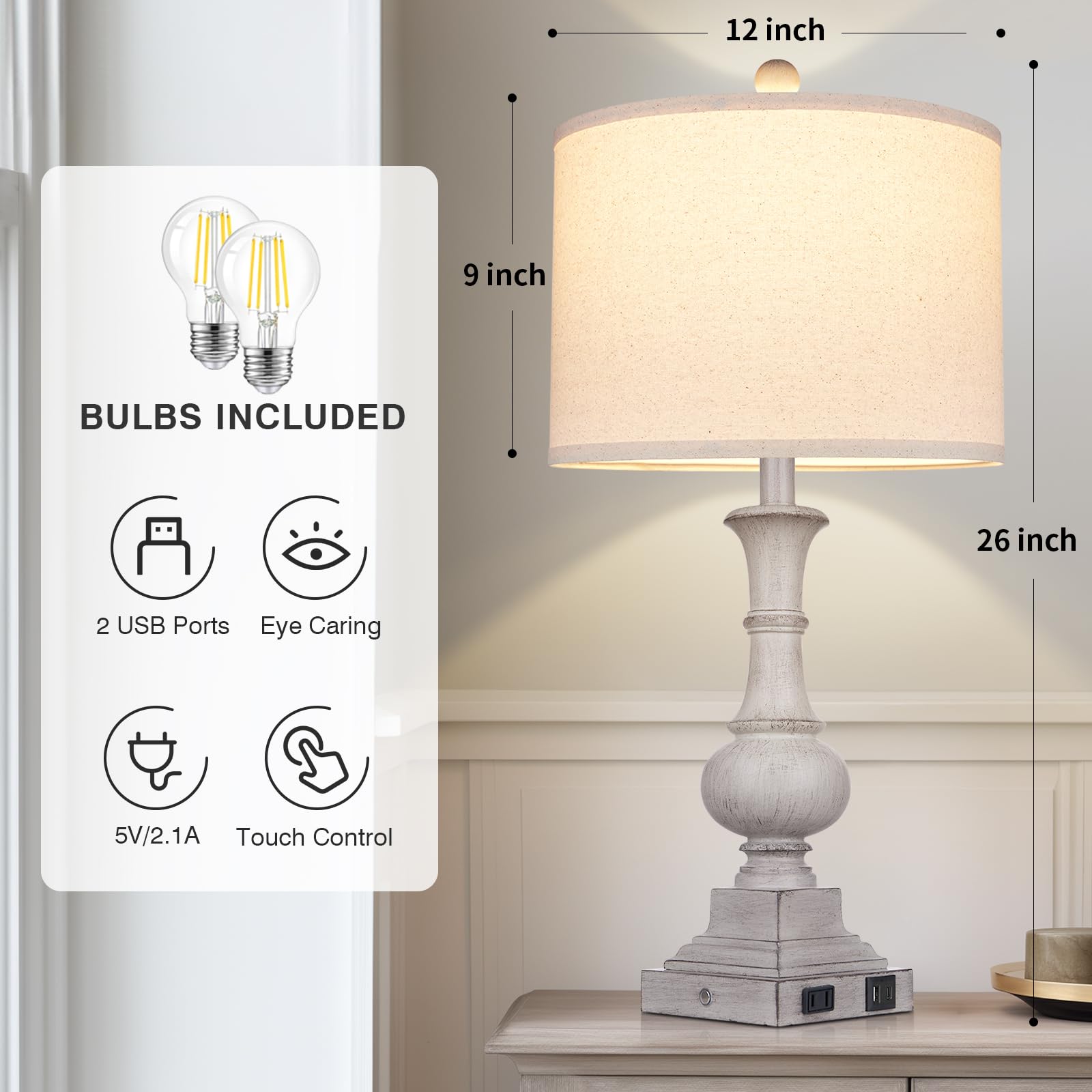 26'' Farmhouse Lamp With 2 Usb Ports & Ac Outlet, Vintage Rustic Touch Control Bedside Lamp, Resin 3-Way Dimmable Nightstand Lam
