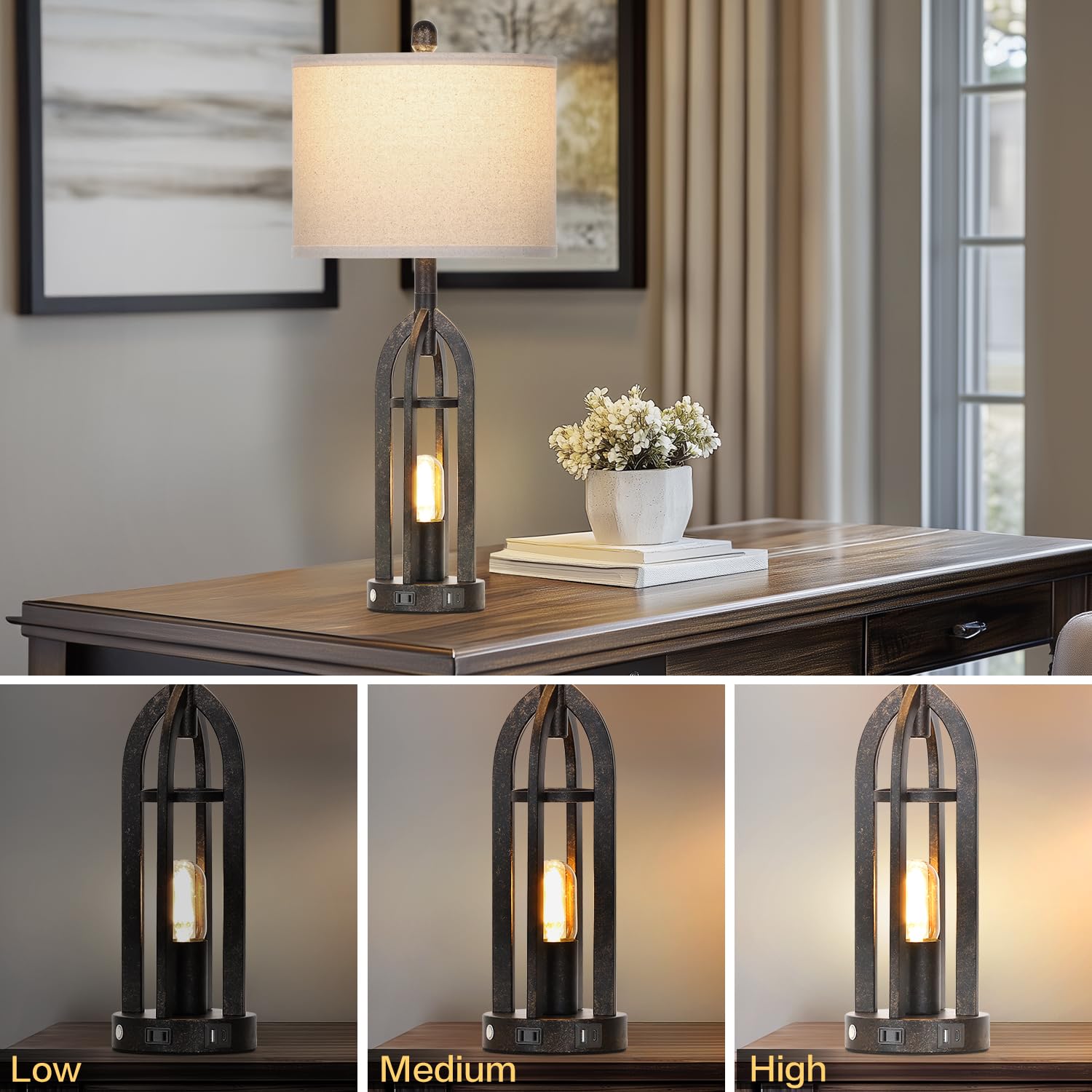 Cinyirong 27'' Rustic Table Lamps For Living Room - Farmhouse Lamps Set Of 2 With Usb C+A & Outlet, 3-Way Dimmable Touch Lamps F