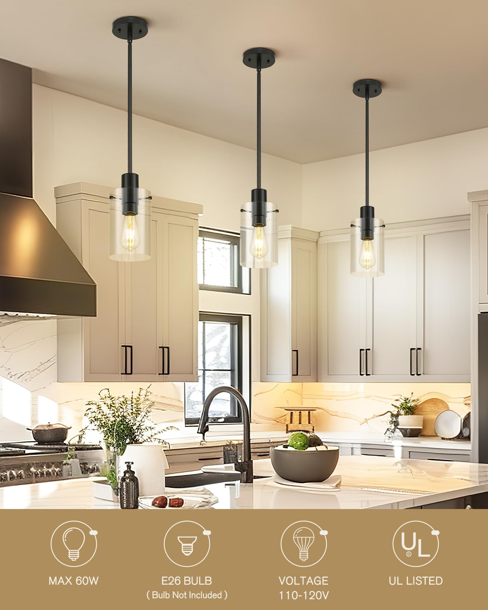 Emak Black Pendant Lights Kitchen Island, 2 Pack 5 Inch Pendant Light Fixtures With Clear Glass Shade, Modern Farmhouse Island L