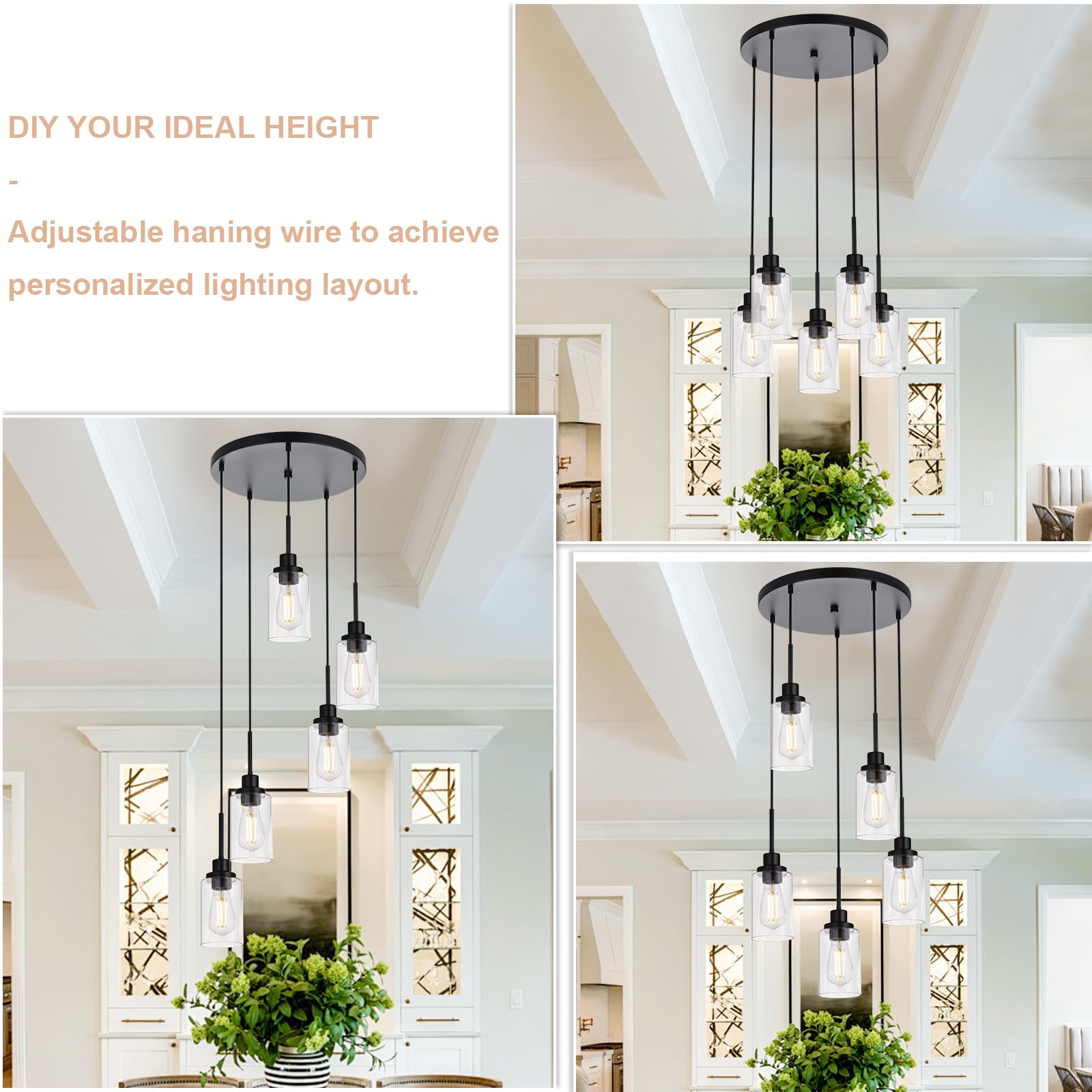 Winshen 5-Light Pendant Light Fixtures, Black Adjustable Height Hanging Lighting Dining Room Chandelier With Clear Glass Shade,