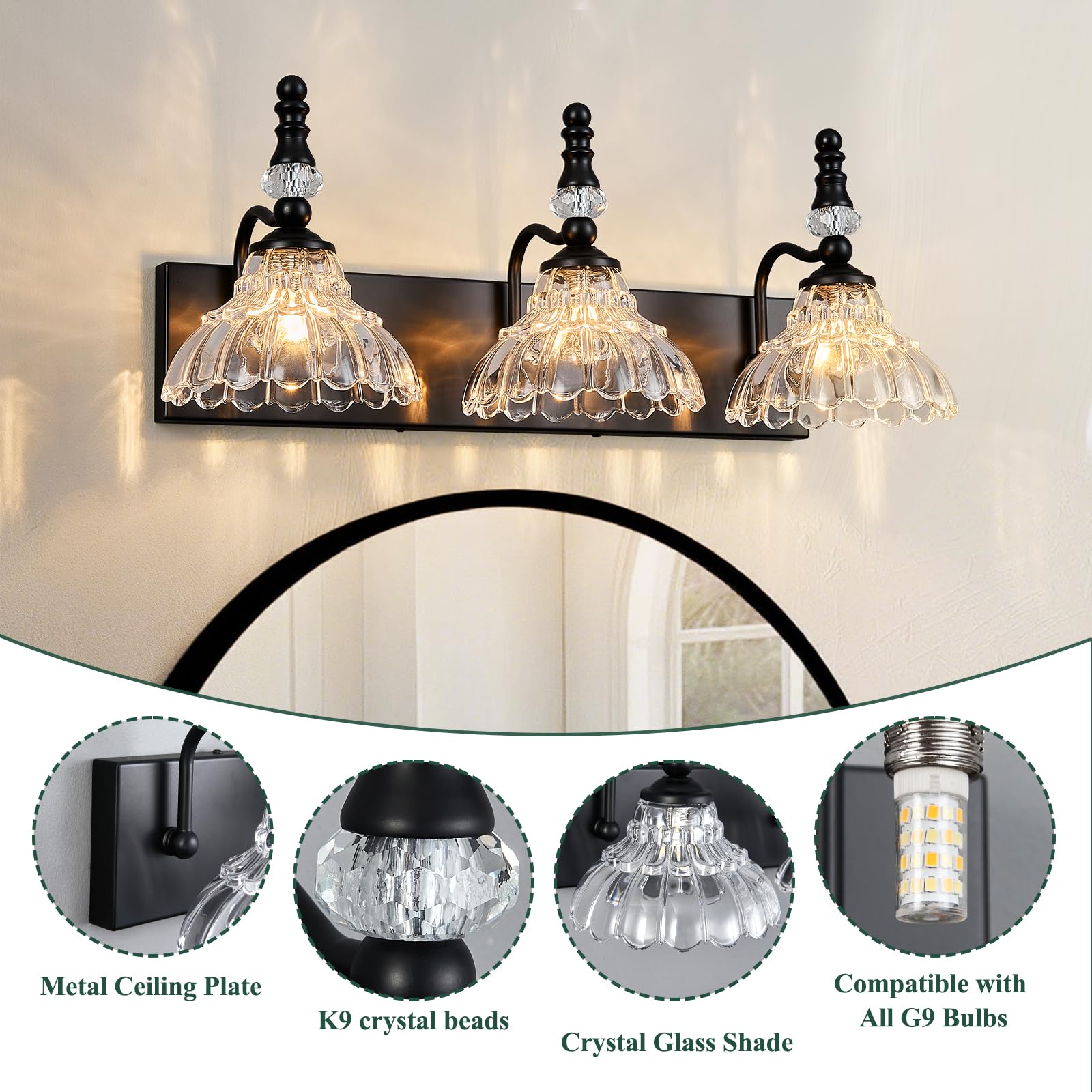 Lbsqj Vintage Bathroom Vanity Light  3-Light Black Vanity Lighting Fixture With Flower Glass Shade  Bathroom Lighting Fixtures Over Mirror