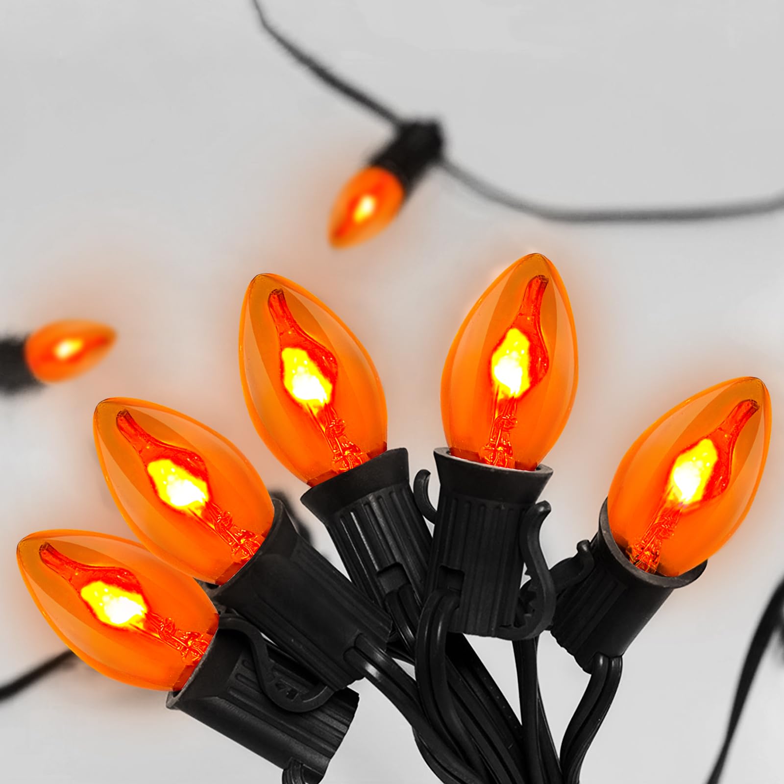 SUNSGNE C7 Outdoor String Lights with 27 Orange Flame Bulbs, 25FT, E12 Base, Black Wire, Halloween Christmas Decor