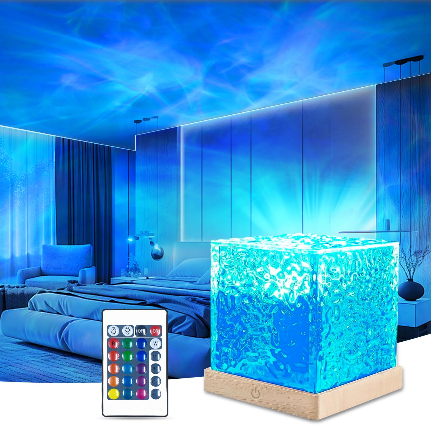 Luminorthe Cube Lamp - Ocean Wave & Northern Lights Projector, 16 Color Remote Control LED Ambient Lighting for Bedroom Office, 