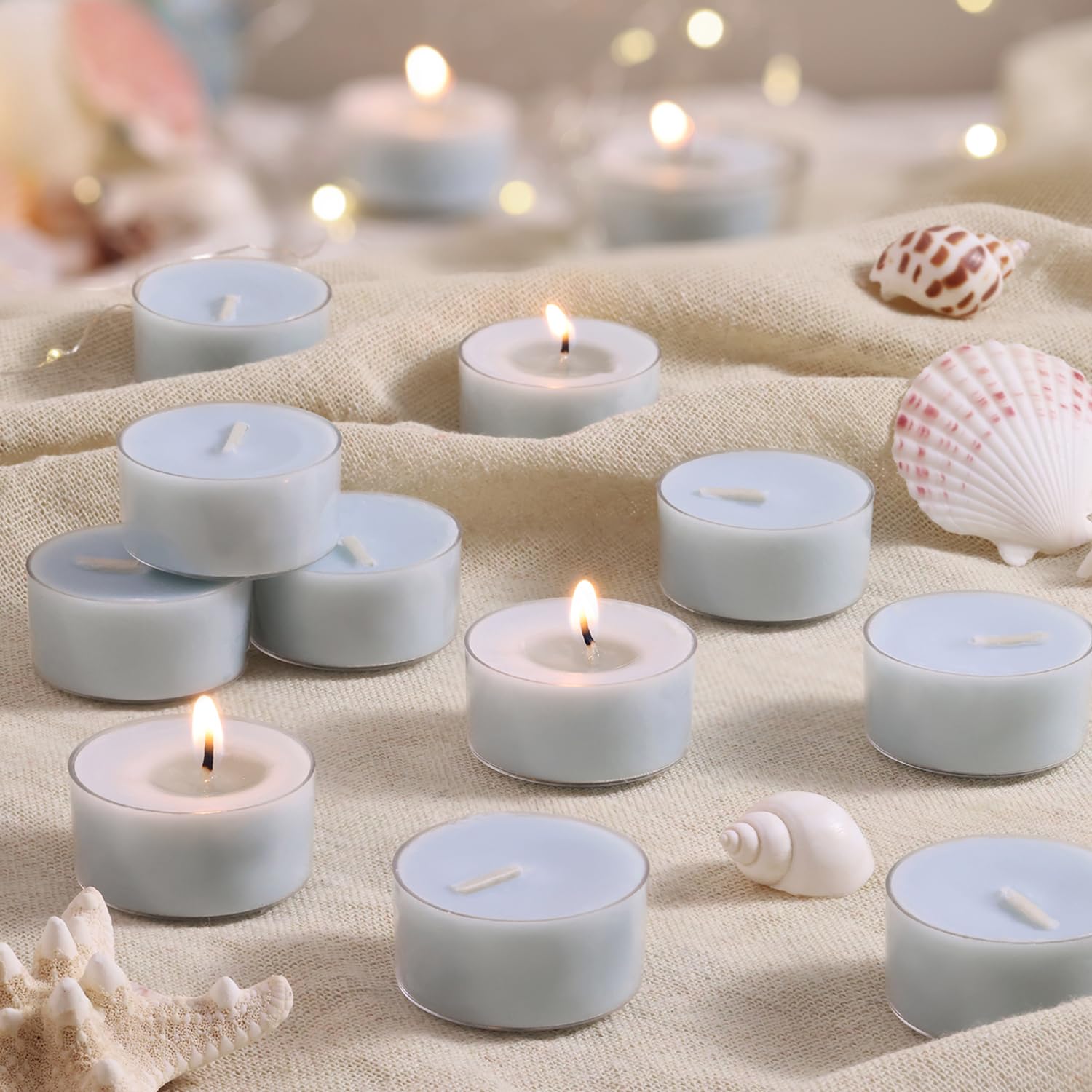 Ocean Memory Scented Tea Lights Candles - Soft Blue - 6 Hour Burn - 100% Palm Wax - Scented Tealight Candles for Holiday Relaxation  Winter Gatherings - 48 Pack Scent Votive Candle