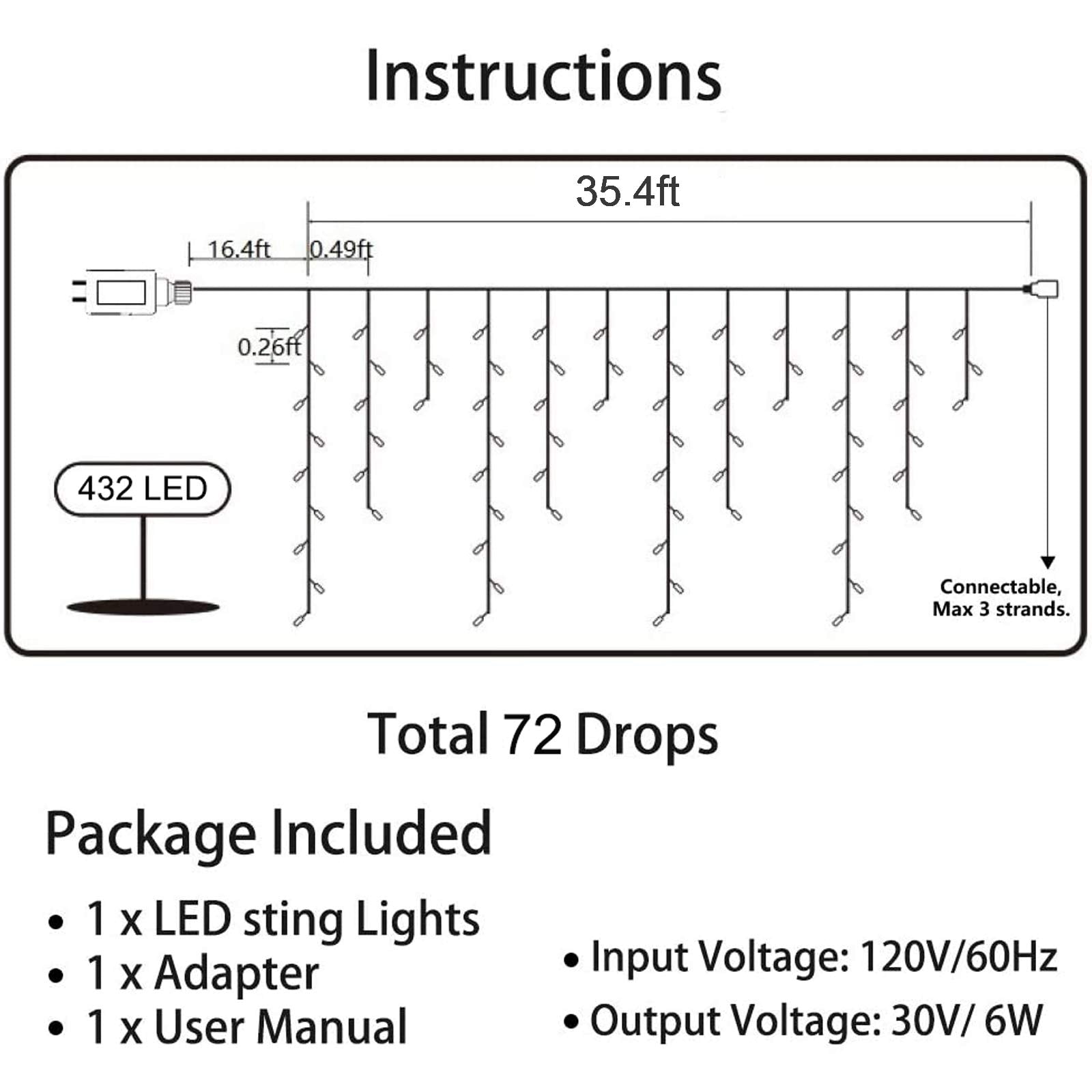 LYHOPE Icicle Christmas Lights, 432 LED, 35.4ft, 8 Modes, Pure White, Model JT-EL/FC300V0200-C, Indoor/Outdoor Decor