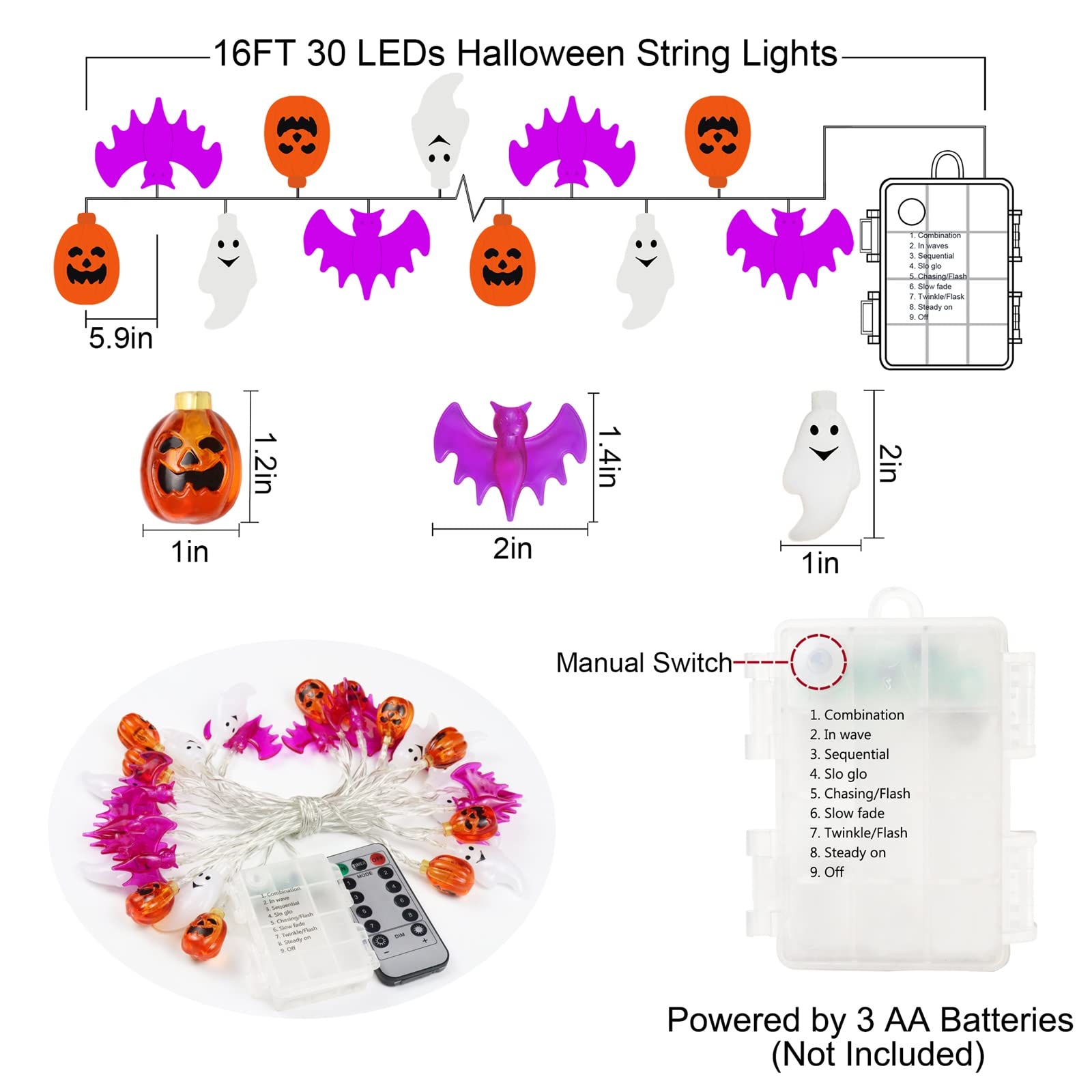 Zimati Halloween Lights, 16 FT 30 LED Waterproof 3D Pumpkin Bat Ghost String Lights, Battery Operated, 8 Lighting Modes, Orange-Cool White-Purple
