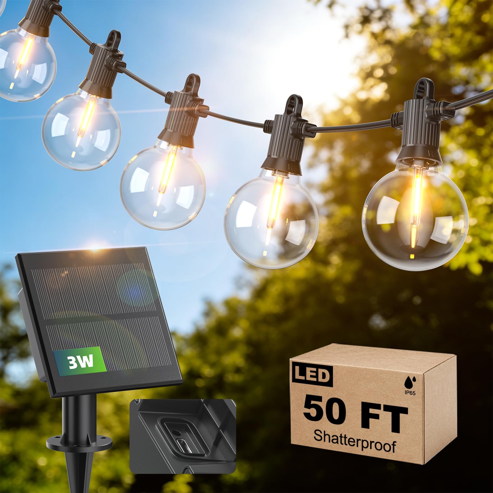50FT Solar String Lights Outdoor Waterproof IP65 with USB-Charging , Solar Powered LED Patio Lights with 25+2 Shatterproof G40 G
