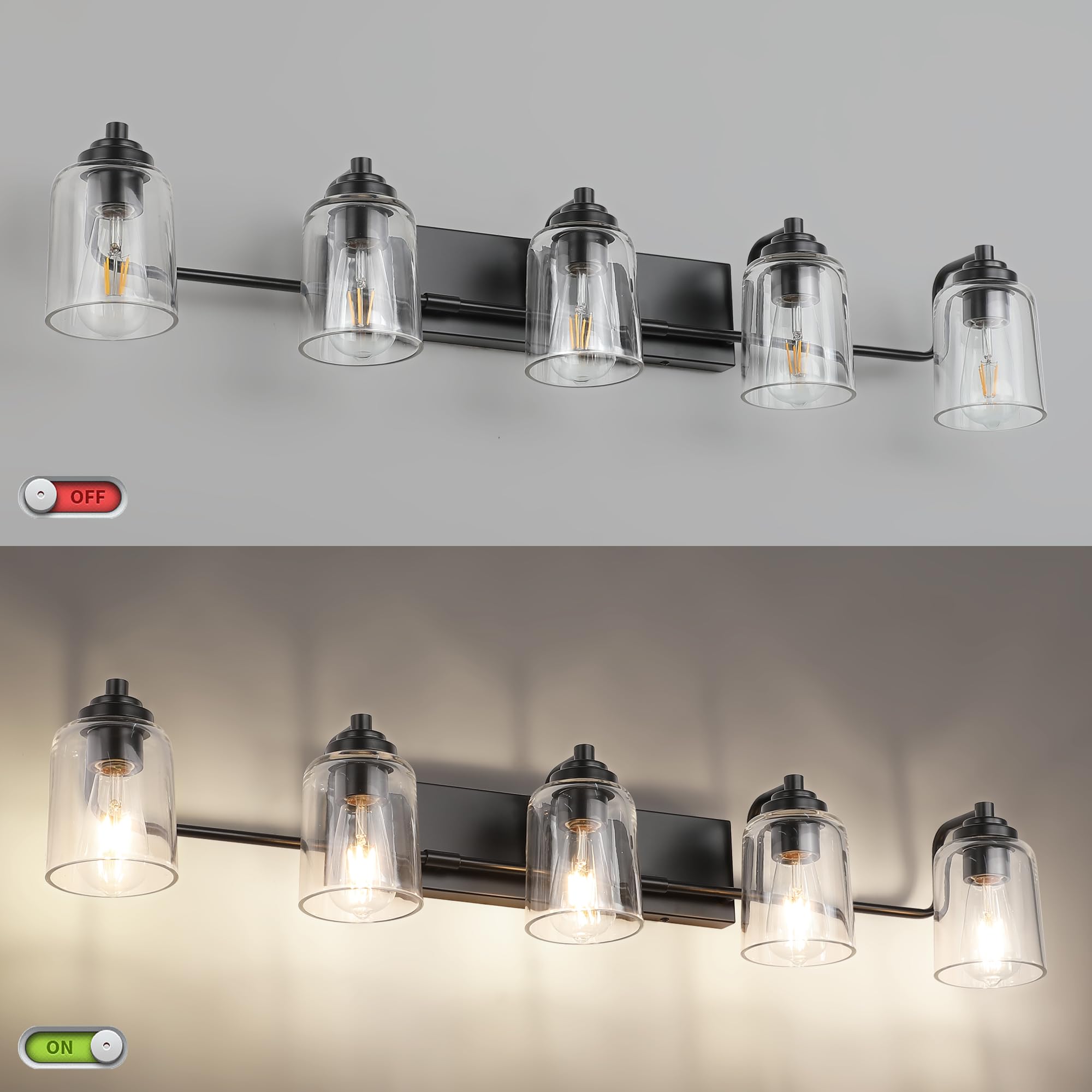SOLFART 5-Light Black Bathroom Vanity Light Fixtures, Matt Black, Glass & Metal, Model 7600-5T-BK, 41 Inch Over Mirror Sconce Lighting