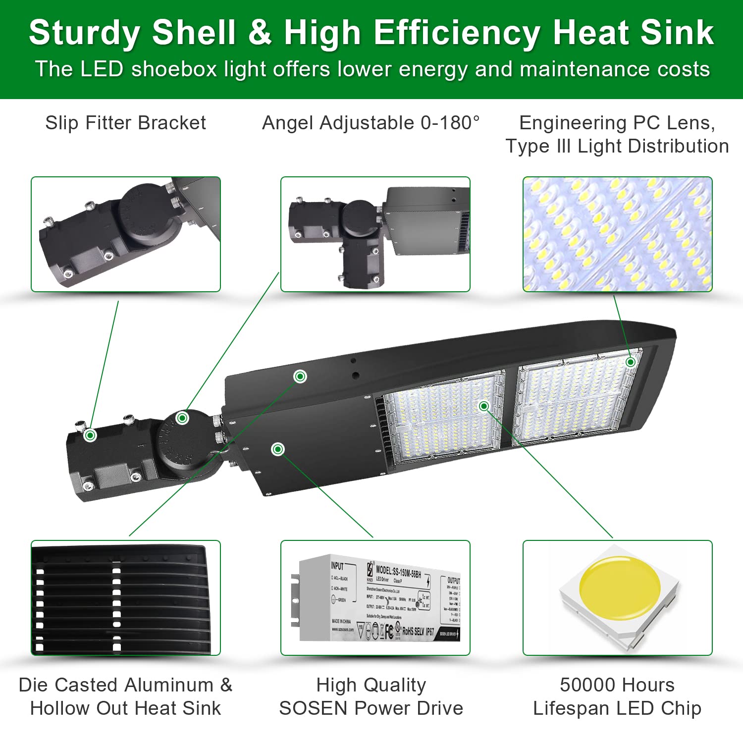 OSTEK 300W LED Shoebox Street Light 42000LM IP65 Commercial Fixture 5000K 100-277V Aluminum Model f6990f2b-ee85