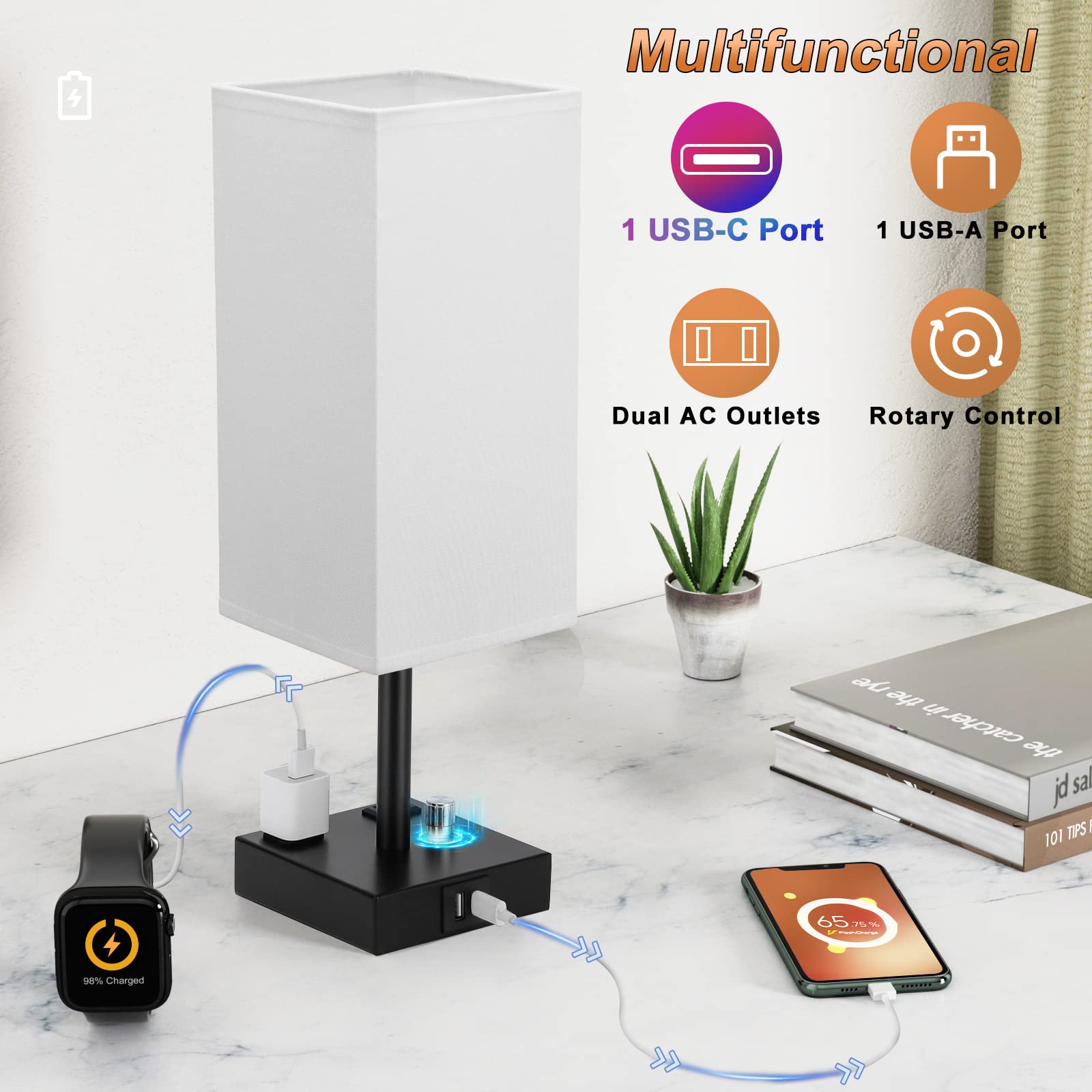 White Fully Dimmable Nightstand Lamps Set Of 2 - Table Bedside Lamp With Usb C+A Charging Ports & 2 Ac Outlets, Square Lamp Sets
