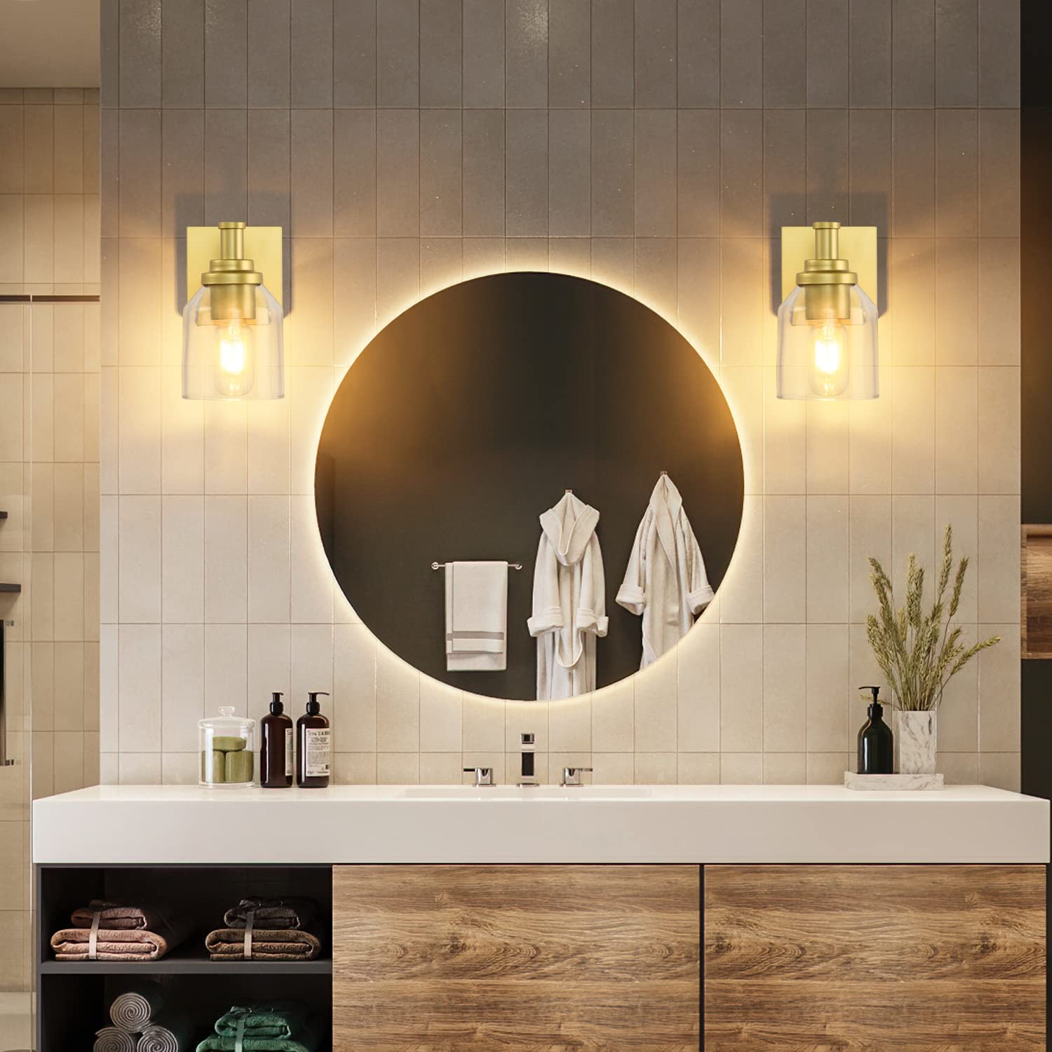 SOLFART Gold Vanity Light Fixture for Bathroom, 1 Light, Glass Shade with Metal, Vintage Design