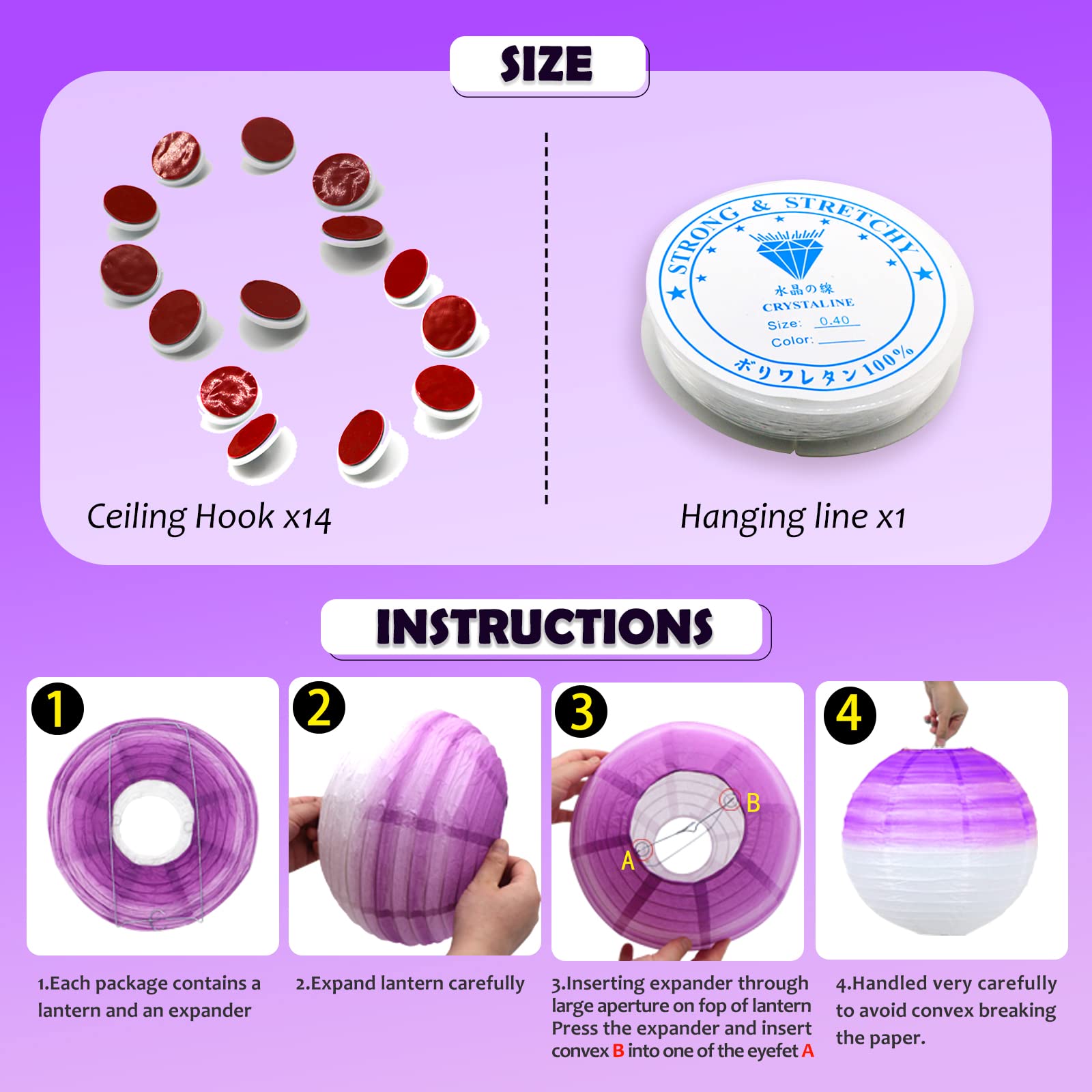 Meiduo 14 Pcs Lavender Purple Paper Lanterns - Decorative Hanging Lanterns For Parties & Events