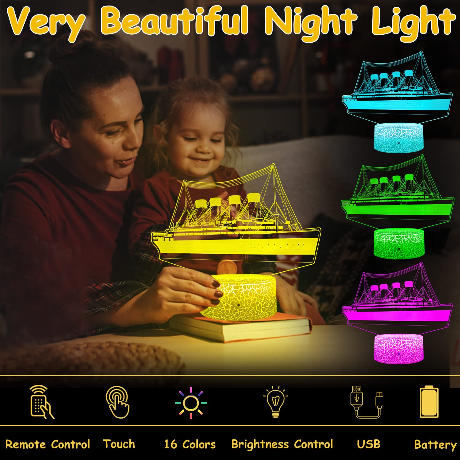 YAOMYLT Titanic Night Light - Led Ship Model Lamp with Remote & Touch Control, 16 Colors, Multicolor Decor for Kids' Bedroom