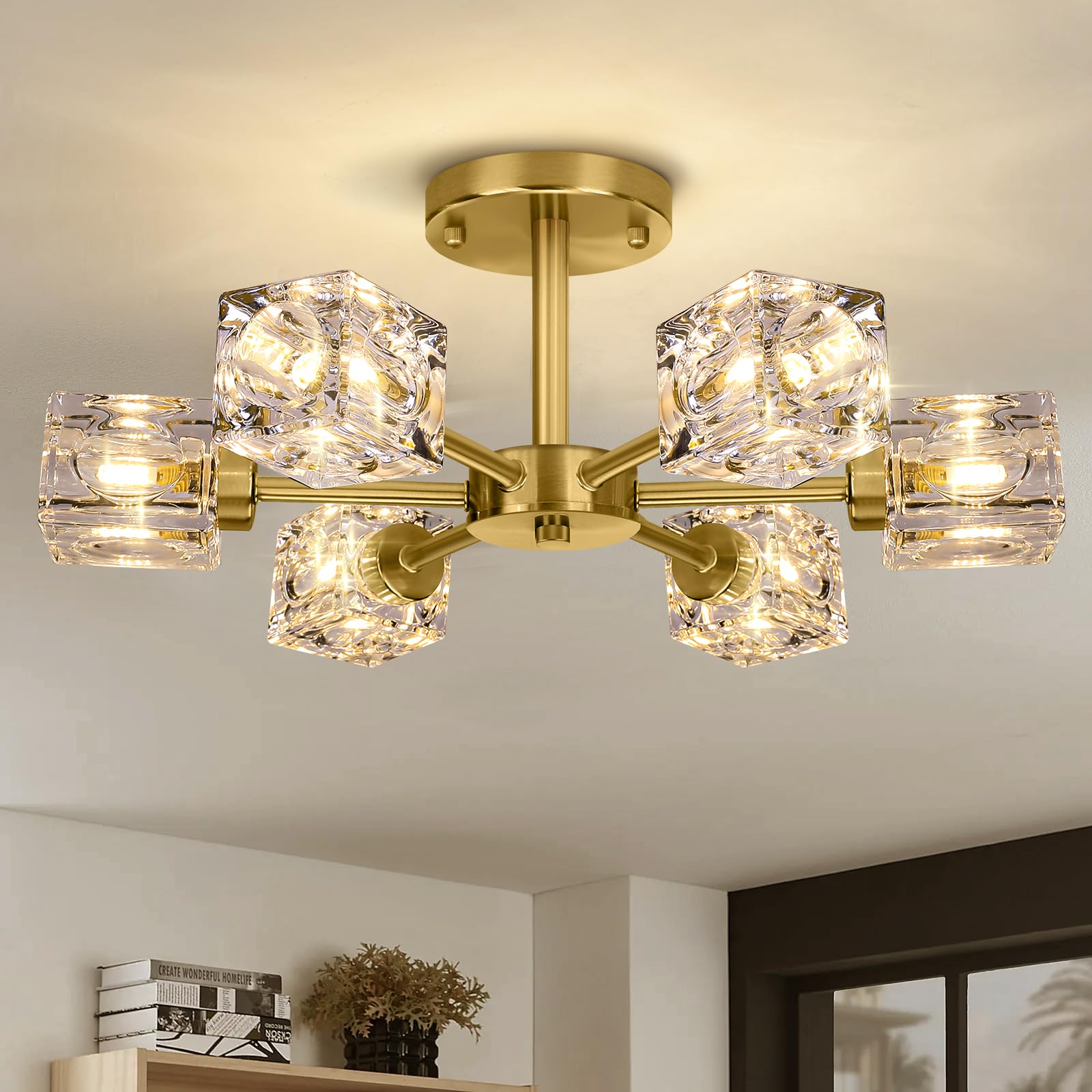 Modern Crystal Chandelier, 6-Light Gold Flush Mount Ceiling Light, 17.3'' Sputnik Chandelier Light Fixture With K9 Crystal Shade