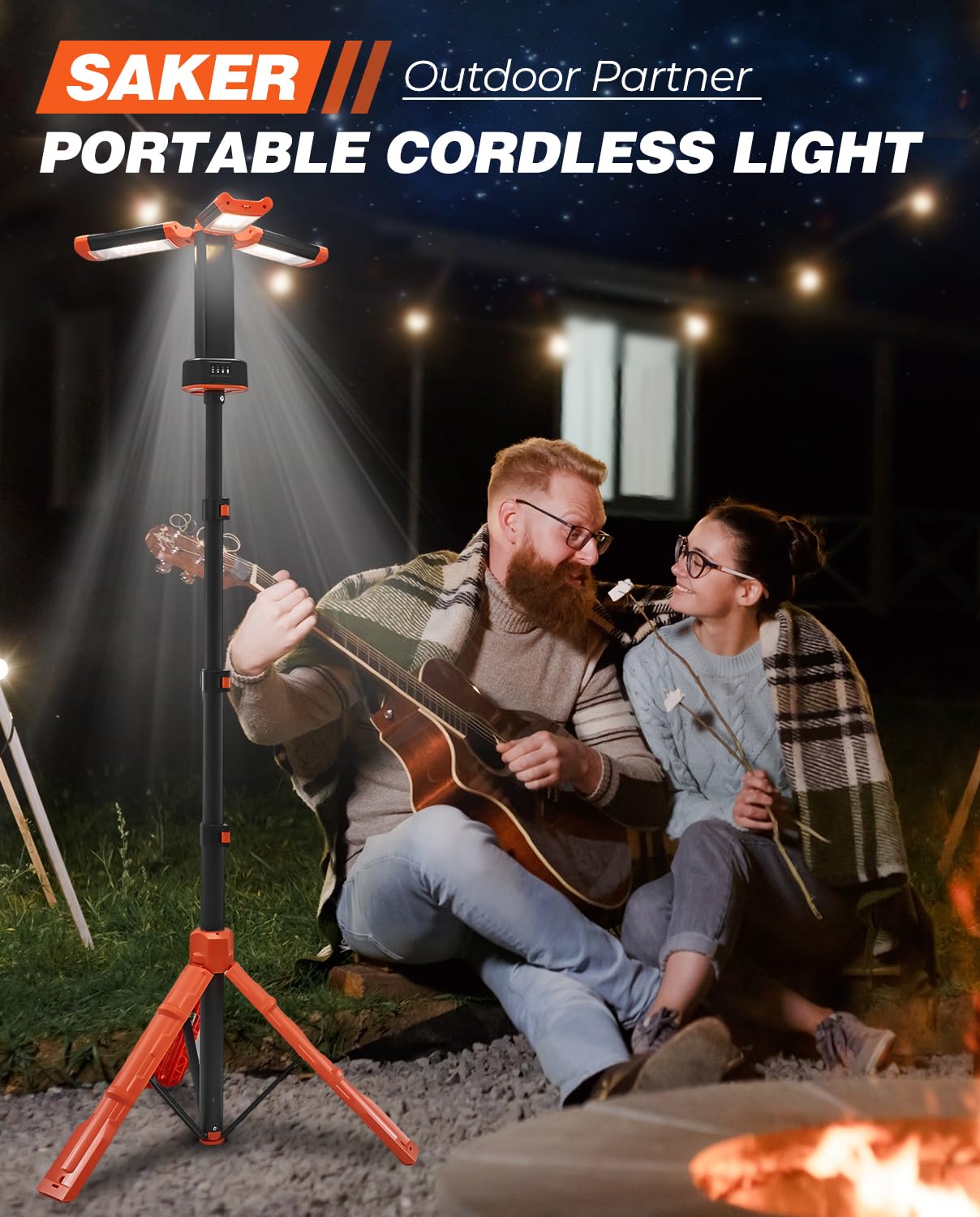 Saker Portable Camping Light LD10, 800/3200 Lumen, Rechargeable, Dimmable, 73.2in Stand, Orange