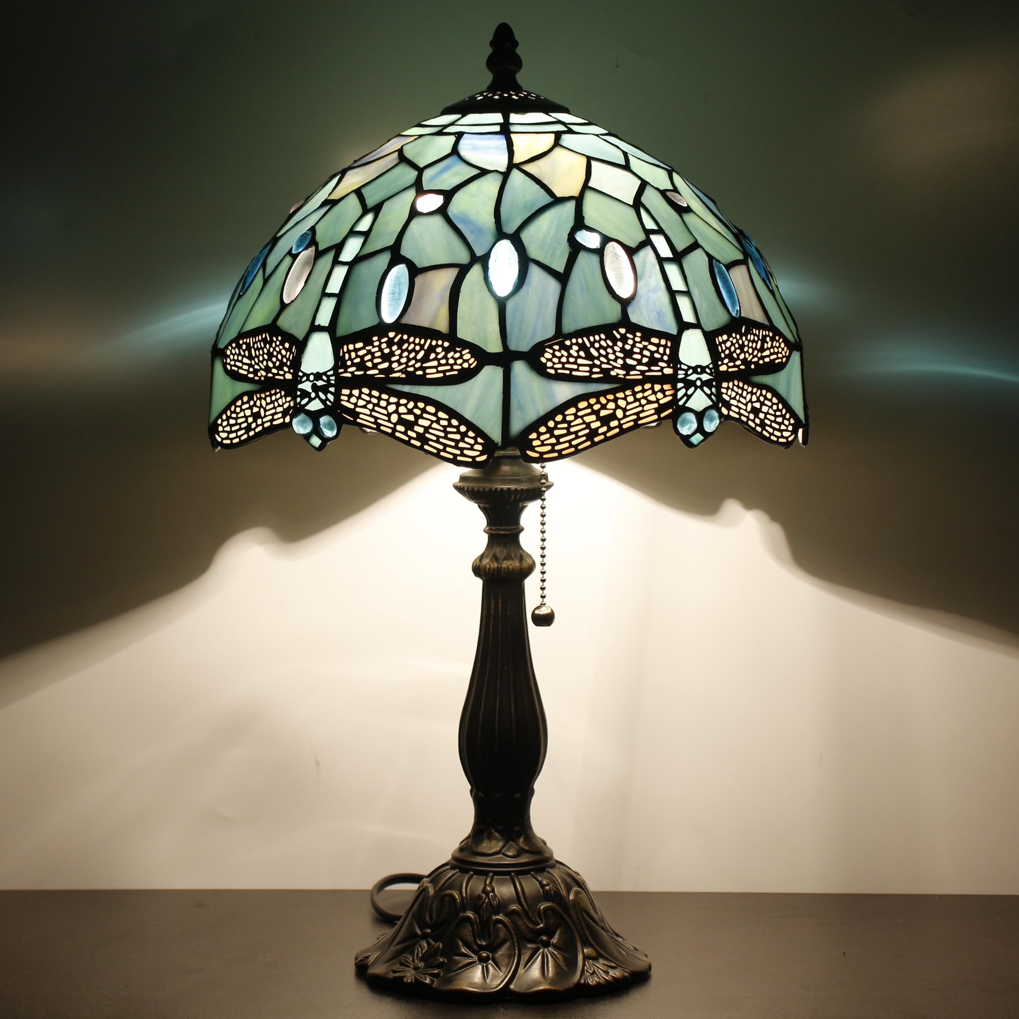 ZJART Tiffany Table Lamp Stained Glass Lamp 12X12X19 Inch Antique Reading Light (Sea Blue Dragonfly Style)