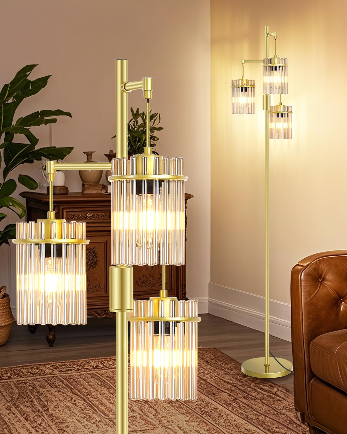 Voutooro Industrial Modern Floor Lamps For Living Room, Dimmable Glass Tree Standing Tall Lamps With 3 Elegant Teardrop Cage Hea