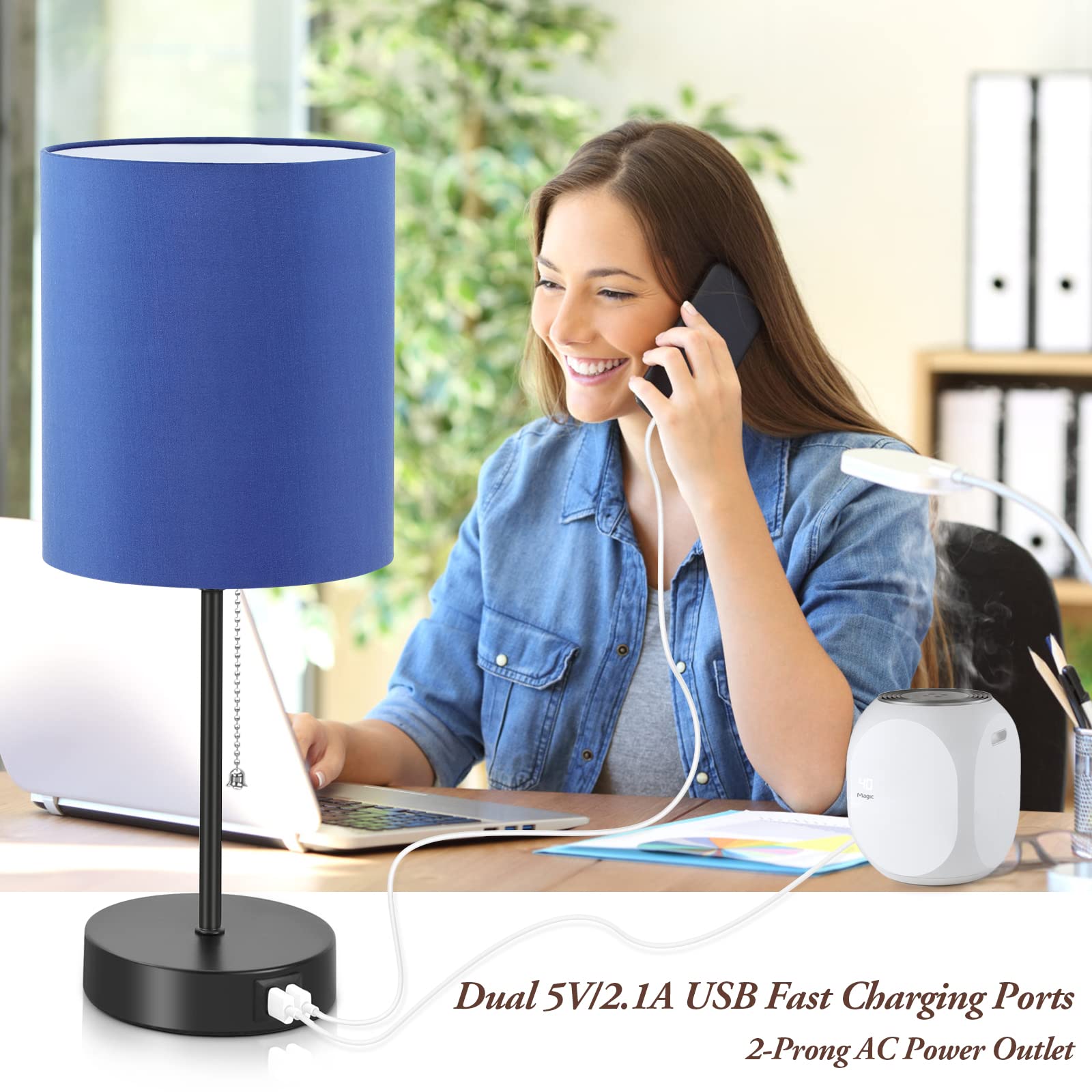 Table Lamps Set Of 2 With Usb Charging Ports, Blue Bedside Lamps With Ac Outlet, Nightstand Lamps With Pull Chain Switch, Minima
