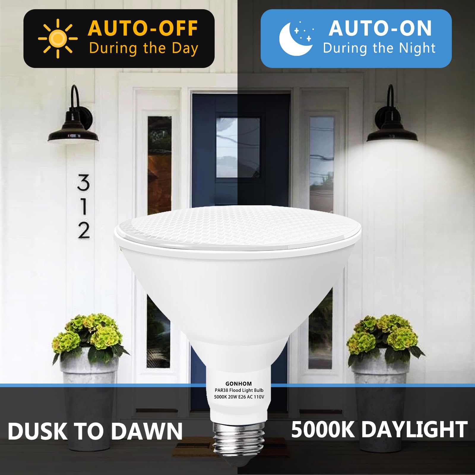 Gonhom Par38 Led Dusk To Dawn Flood Light Bulbs Outdoor 2 Pack, 5000K Daylight, 20W Replace Up To 200W, 1800Lm, E26 Base Outdoor