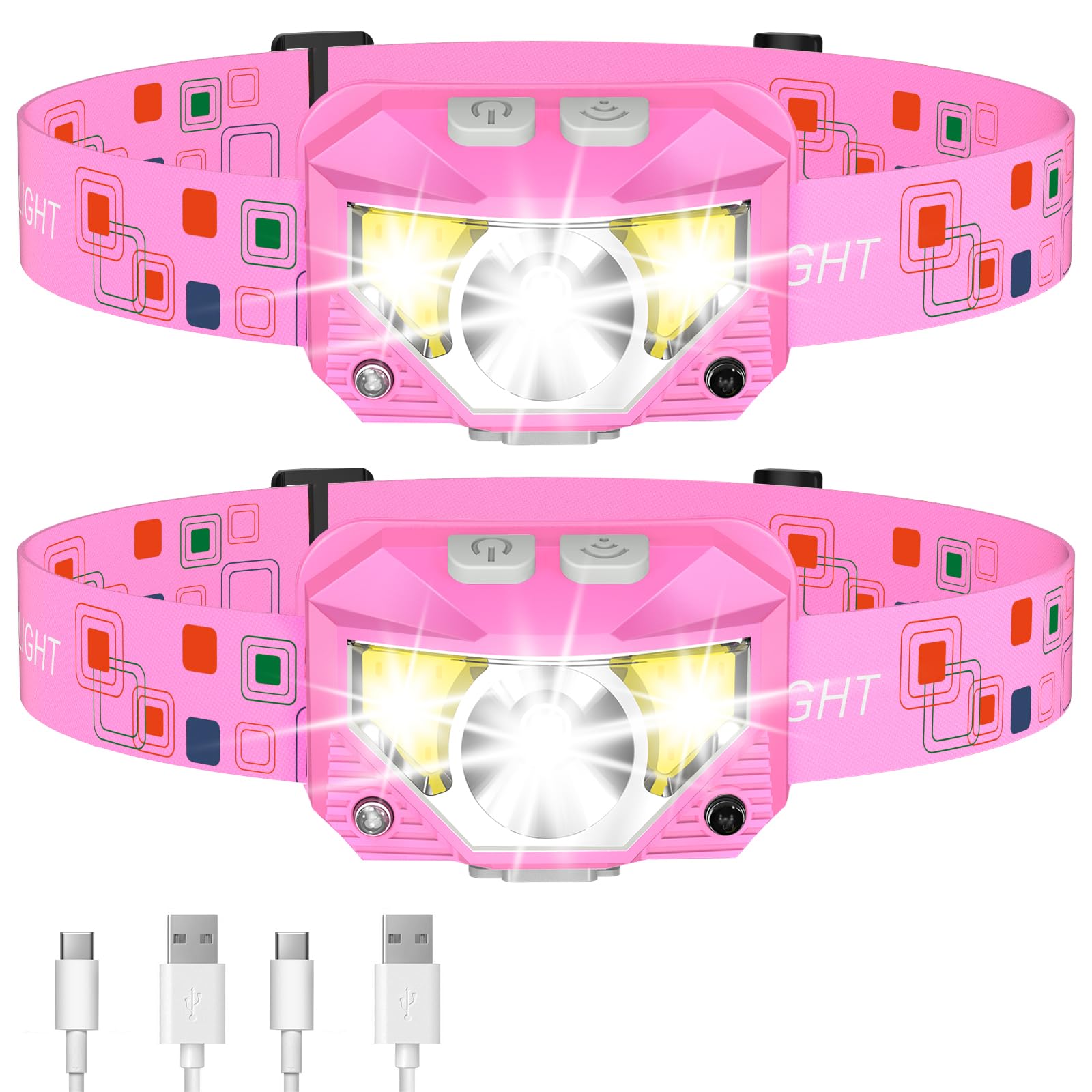 LHKNL Headlamp Flashlight, 1200 Lumen, Rechargeable, 2-Pack, Waterproof, Motion Sensor, Pink, Model TG-T069