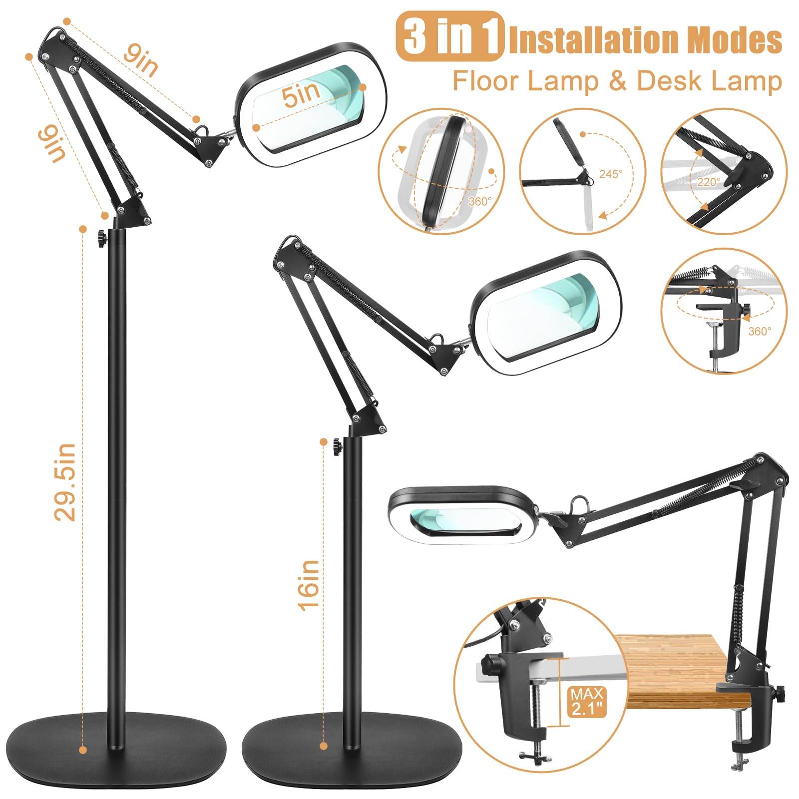 IVMAIE 10X Magnifying Glass with Light & Stand, 5 Color Modes LED Dimmable Magnifier for Sewing, Painting, Reading - Black