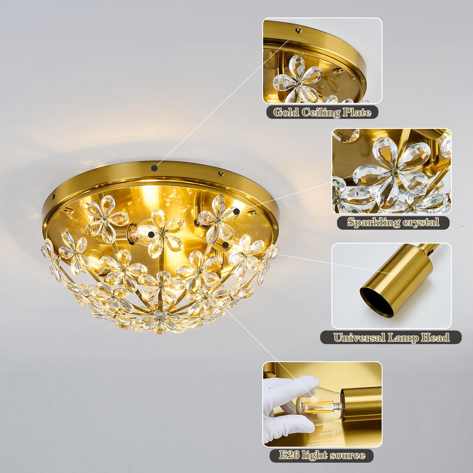 Asgyisa 4-Light Modern Crystal Flush Mount Ceiling Light Fixture Vintage Gold Chandelier Metal E26 Ceiling Lamp For Farmhouse Ha