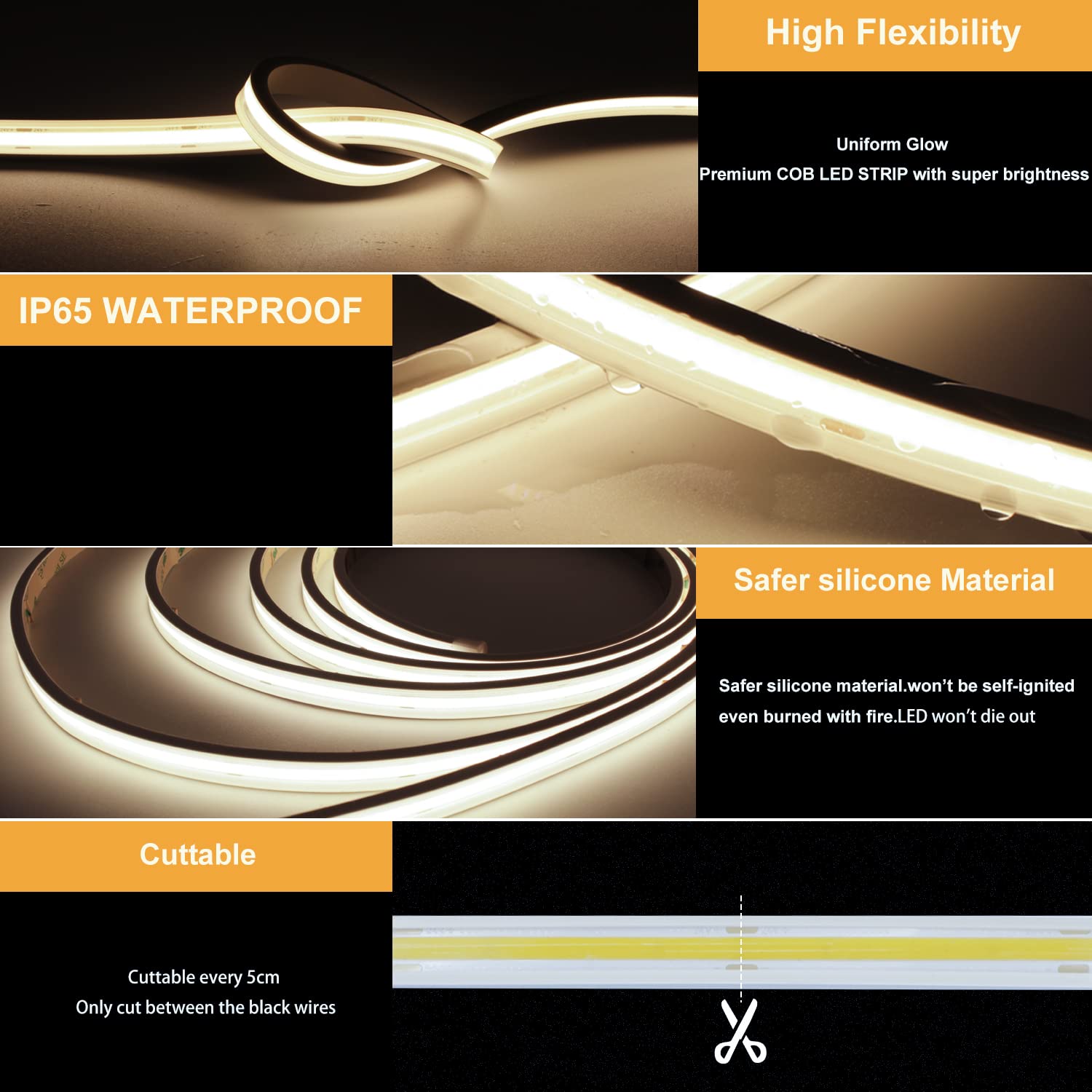 Pandery Cob Led Strip Lights,Natural White 4000K,Dc24V Ip67 Waterproof Led Strip,480Leds/M,16.4Ft/5M,8Mm Wide,Cri90+,Outdoor Cob