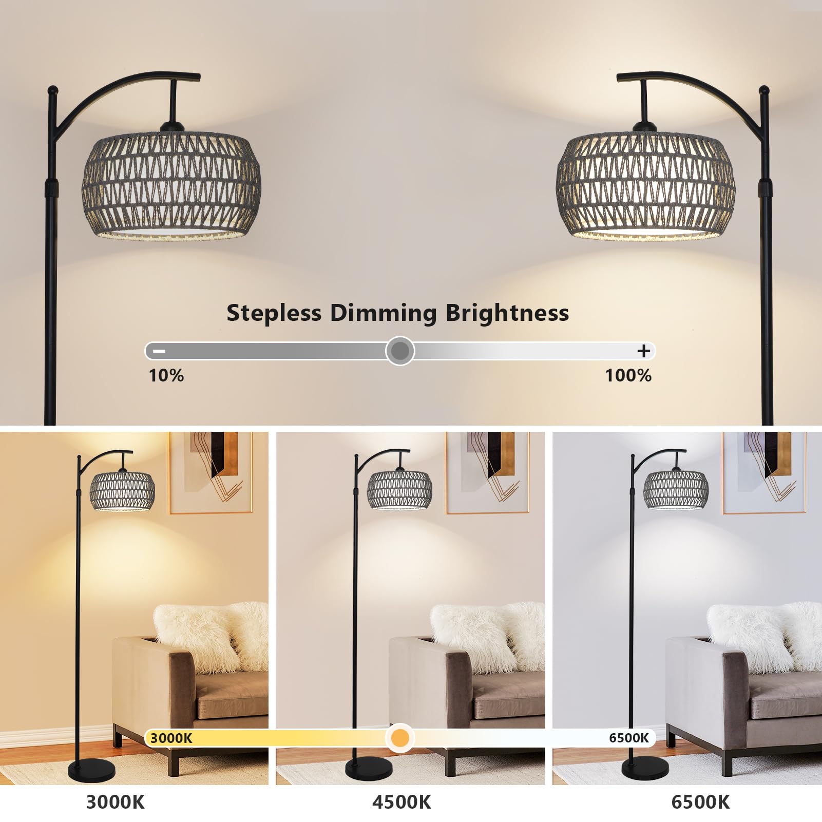 Arc Floor Lamp For Bedroom, Boho Standing Lamp With Remote & Led Smart Bulb, Rattan Floor Lamps For Living Room With 3 Color Tem