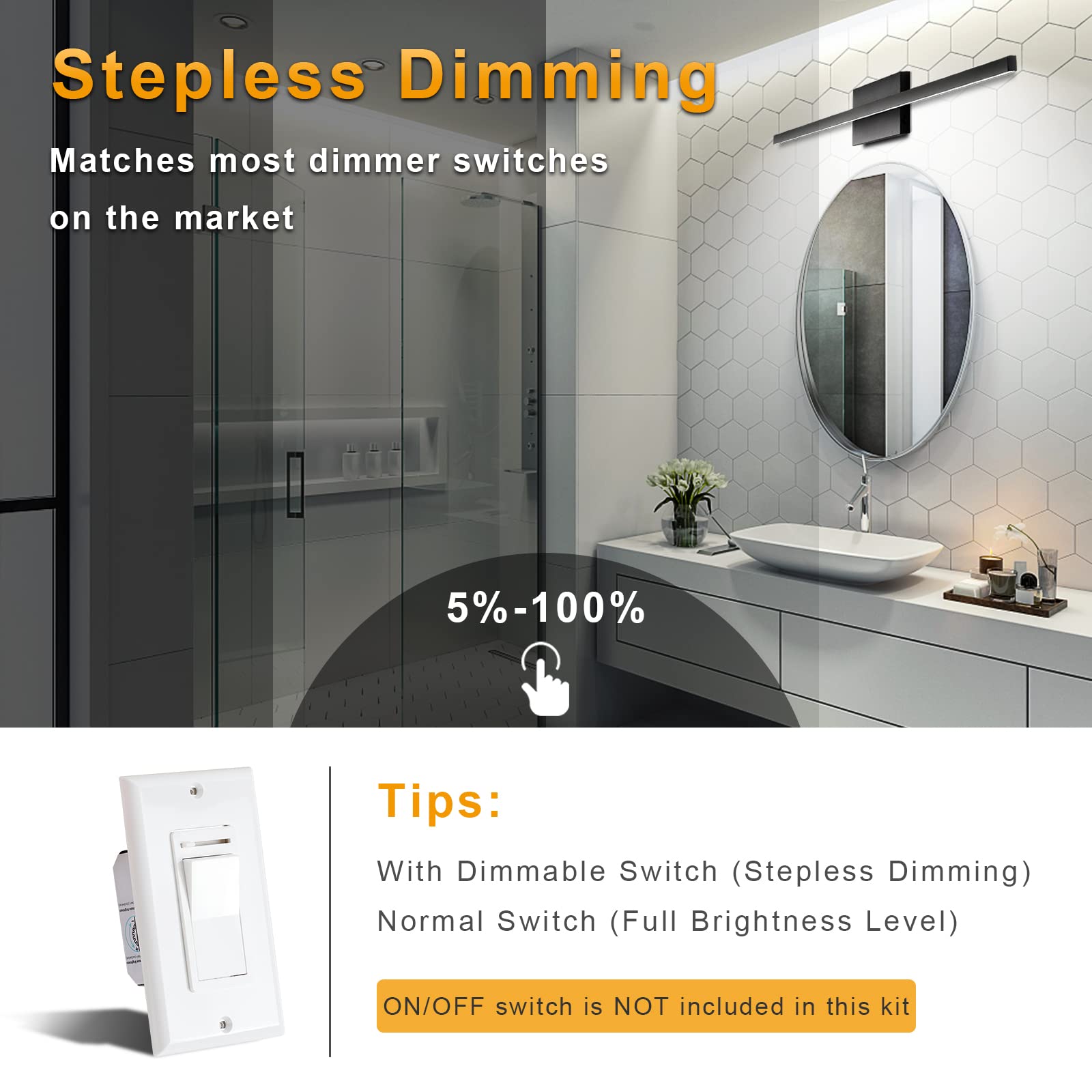 Niorsun 39.4 Inch Black Bathroom Vanity Light, 24W 5Cct Dimmable Led Over Mirror Lighting Fixture - Modern Vanity Light For Rest