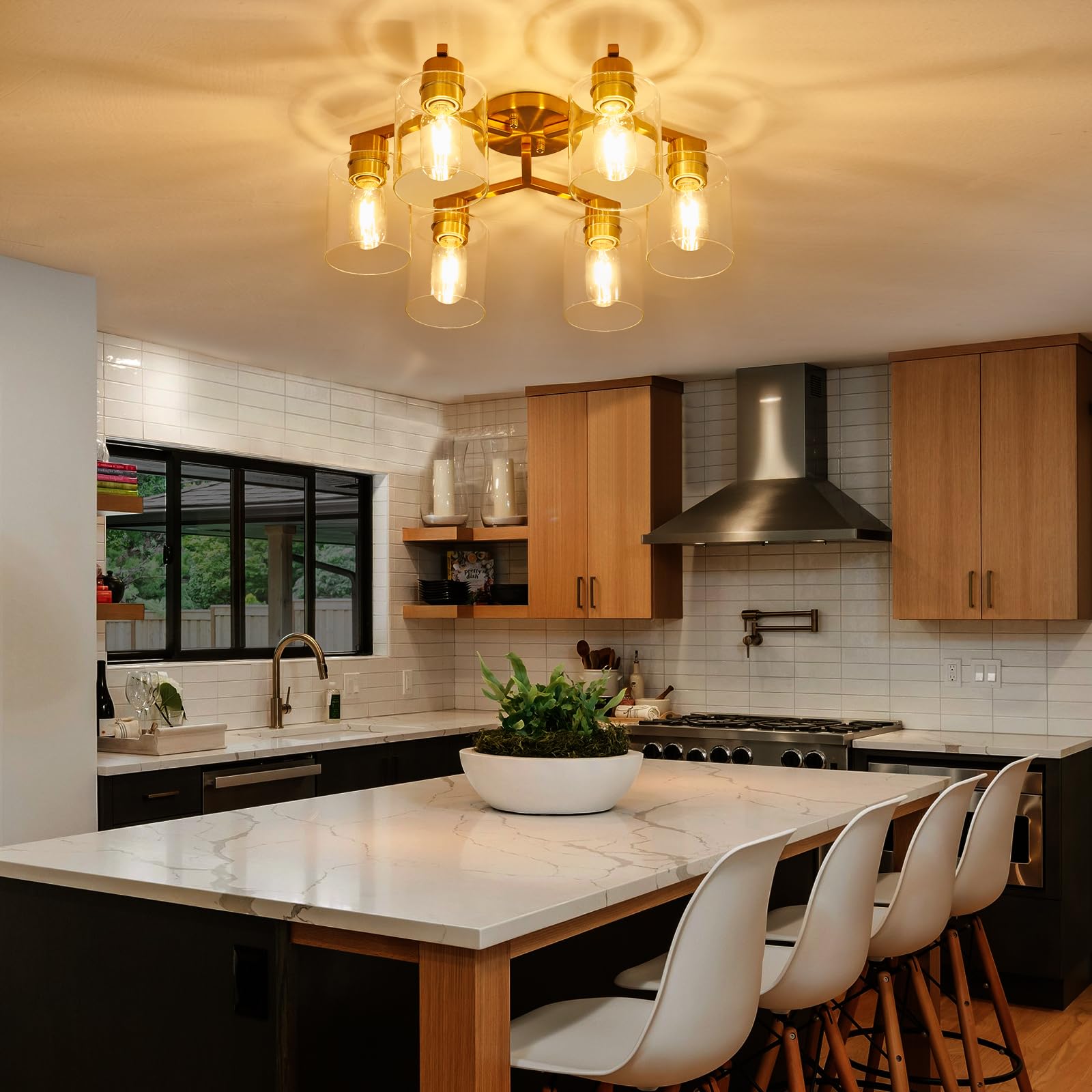 Gold Ceiling Light Fixture, Mid-Century Modern Kitchen Ceiling Light Fixtures, Gold Semi Flush Mount Ceiling Light, 6-Light Ligh