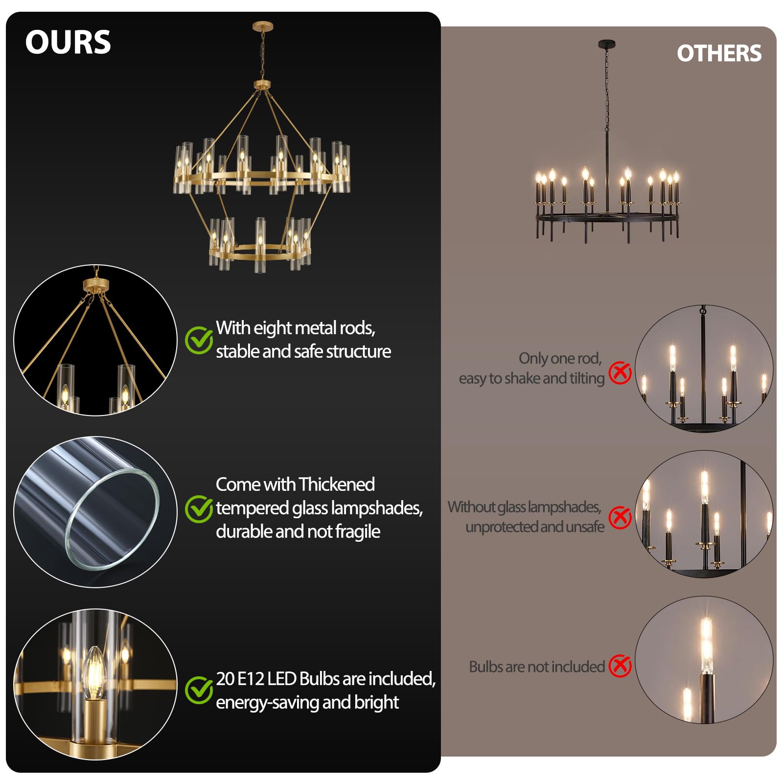 Varttyal 48 Inch Gold Wagon Wheel Chandelier, 2 Tier Industrial Chandelier With Glass Shade, 24-Light Large Round Chandelier, Fa