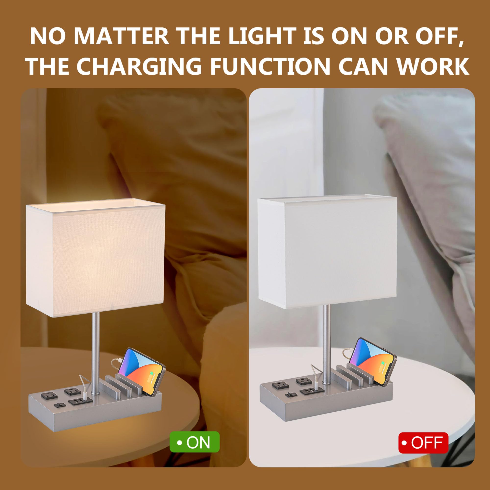 Dreamholder Bedside Table Lamp with 3 USB Ports, 2 AC Outlets, Silver Wood Base