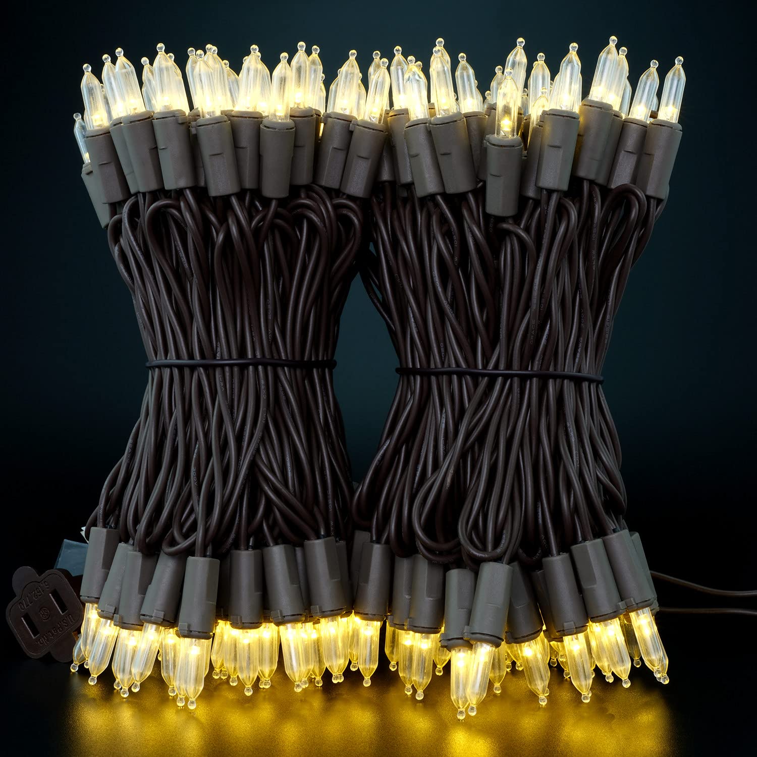 Yuletime 200 Warm White Led Christmas Lights, 66 Feet Brown Wire Ul Certified Commercial Grade Holiday String Light Set