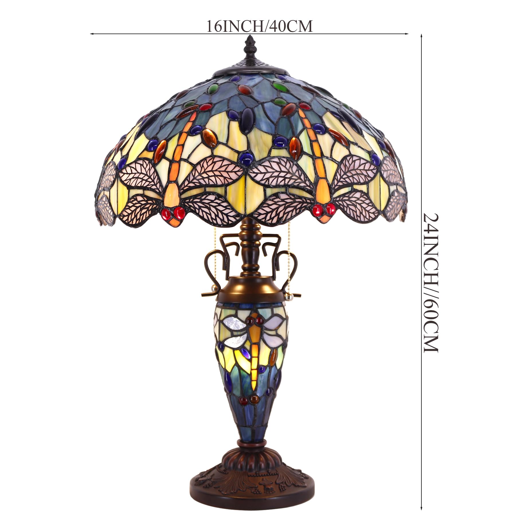 WERFACTORY Tiffany Table Lamp, Dragonfly Design, Glass, 16x16x24 Inches, Blue Yellow, S128 Series