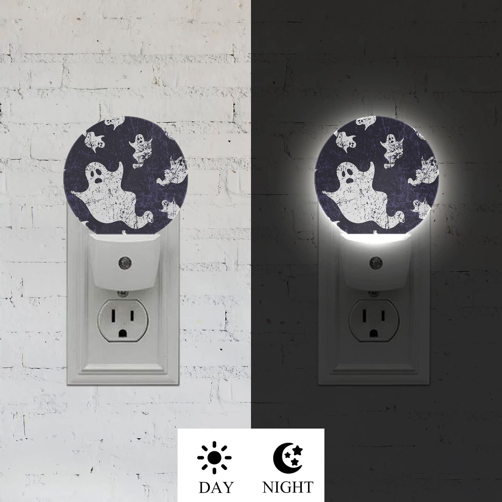 Axayaz Ghost Night Light Plug Into Wall Halloween Scary Skull Ghosts Spirit In Vintage Doodle Purple White Auto Sensor Led Dusk To Dawn Light For Bedroom Staircase