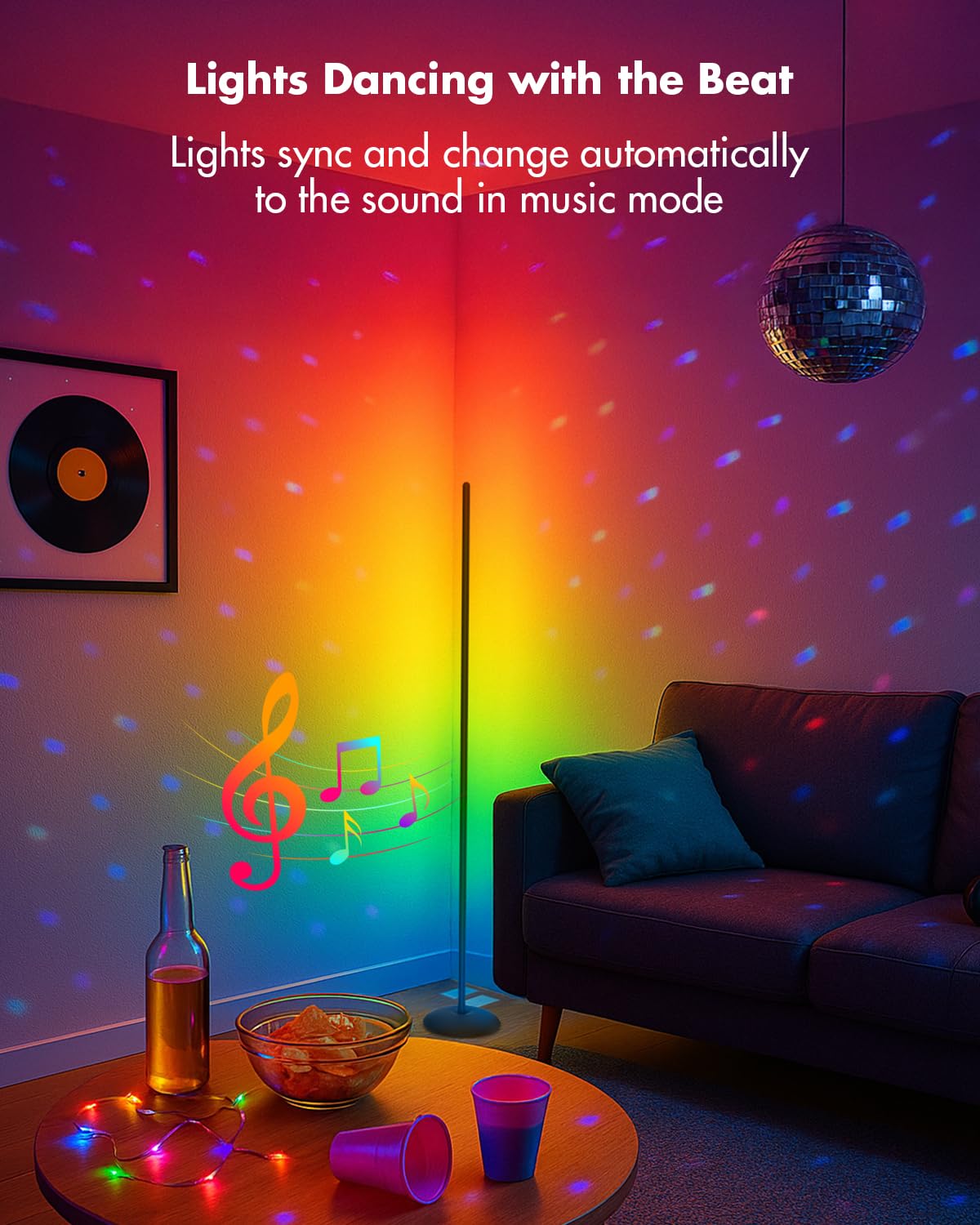 Vexinat Corner Floor Lamp - 2 Pack LED Smart Lamp with App/Remote Control, Music Sync, 16 Million Colors, Black, Model HC601