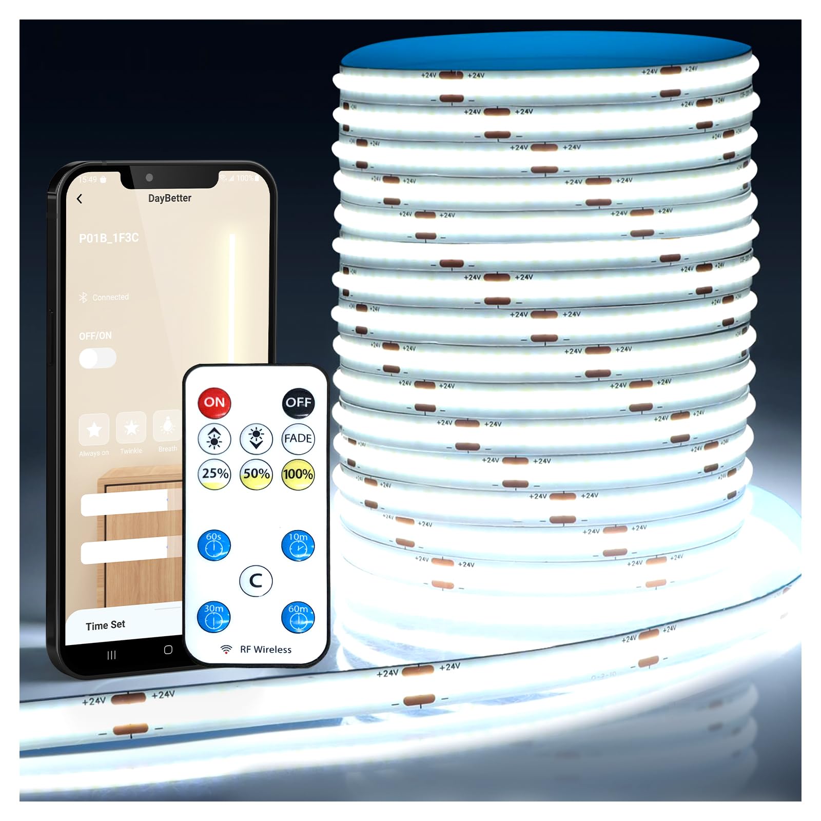 COB LED Strip Lights, LED Light Strips with Remote and App,16.4ft 6500K Dimmable Bright Daylight White COB Light Strip, Adhesive